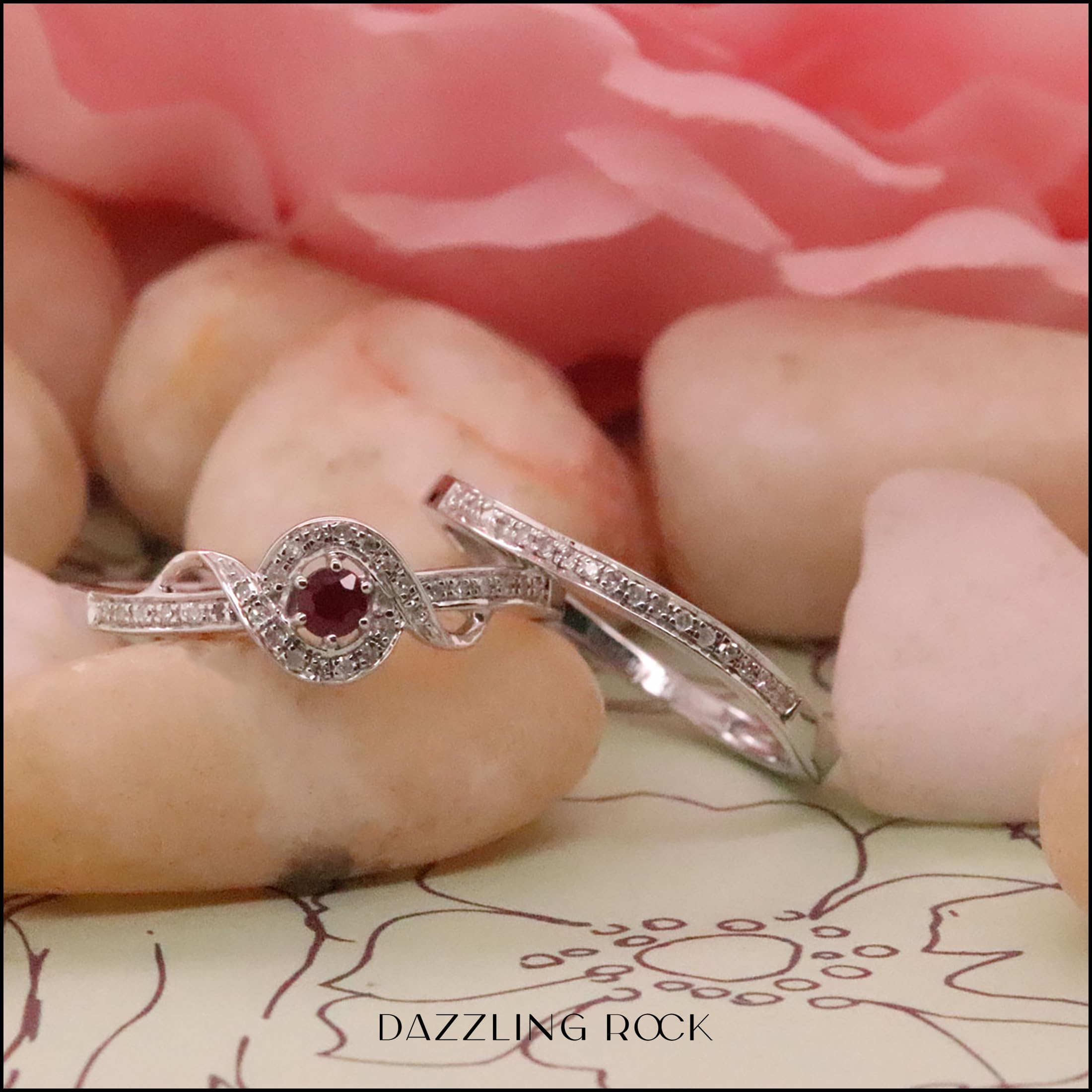Dazzlingrock Sterling Silver Round White Diamond & Ruby Bridal Promise Ring Set for Women - Perfect for Engagement, Wedding, Anniversary & Valentine's Day Gifts