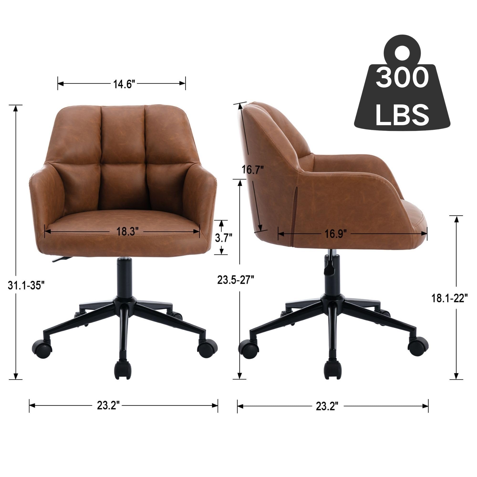 Premium Brown Leather Office Desk Chair with Mid Back Support - Adjustable Height, 360° Swivel & Rolling Wheels - Ergonomic Computer Task Chair for Home Office, Gaming & Workspace Comfort