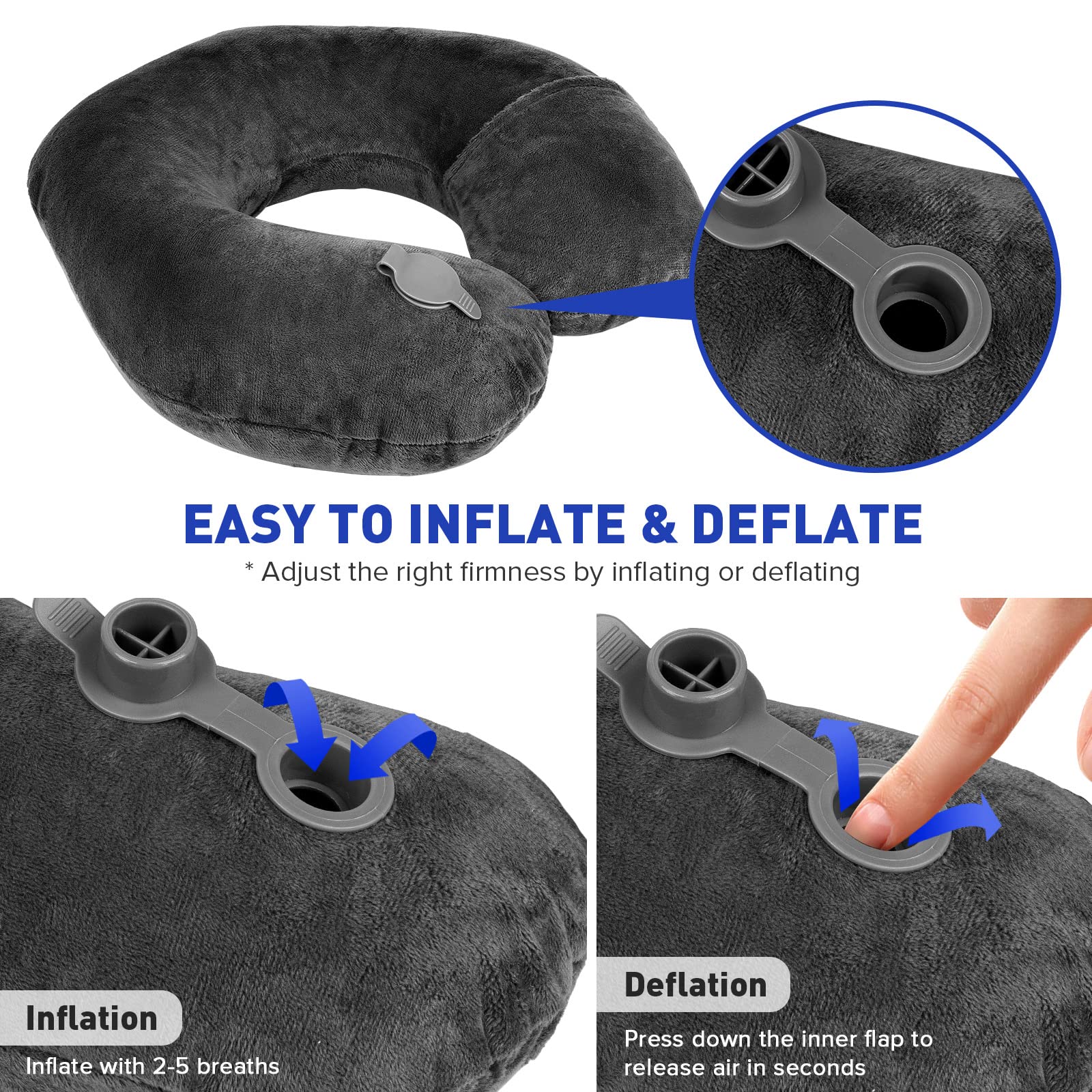 Rewondah Inflatable Travel Pillow - Ultra Soft Velour Washable U-Shaped Neck Pillow for Airplane, Train & Car Travel | Compact & Portable for Business Trips, Long Flights & Road Trips