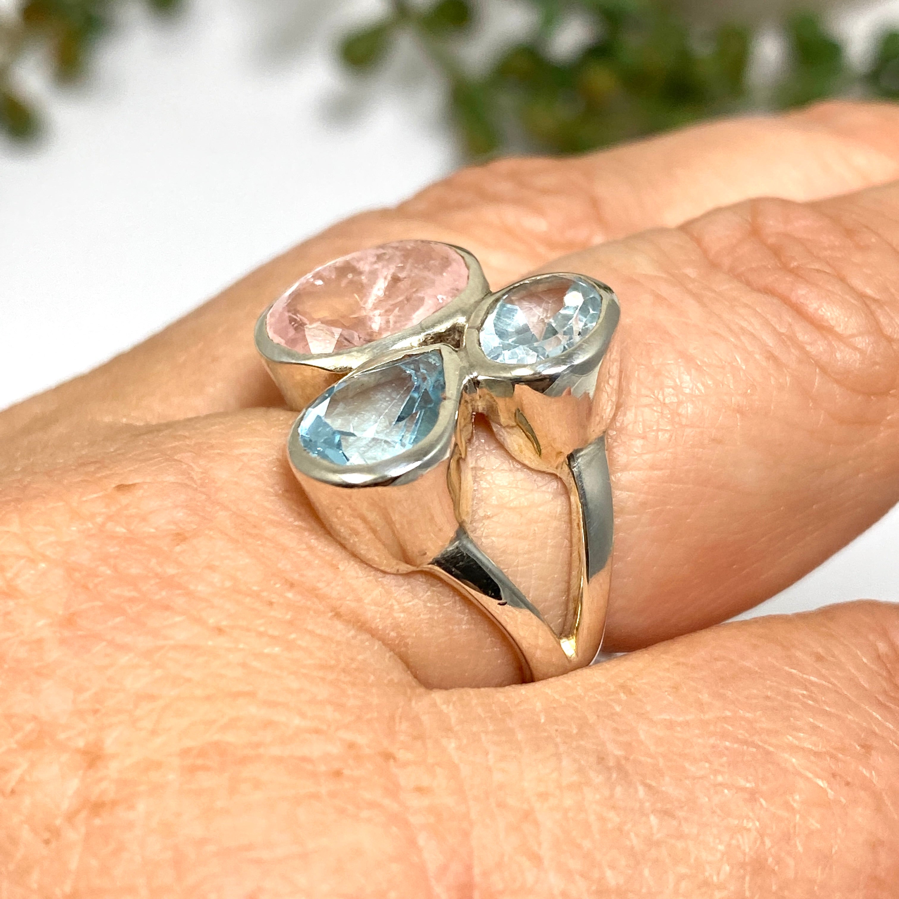 Morganite & Blue Topaz Faceted Multi-Stone Ring - Size 7.5 - PRGJ619 - Perfect for Engagement, Anniversary & Special Occasion Gifts