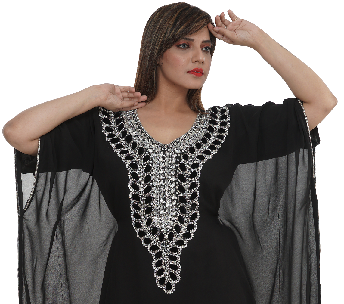 Elegant Embroidered Maxi Dress with Black Velvet Beading - Perfect for Weddings, Parties & Evening Events