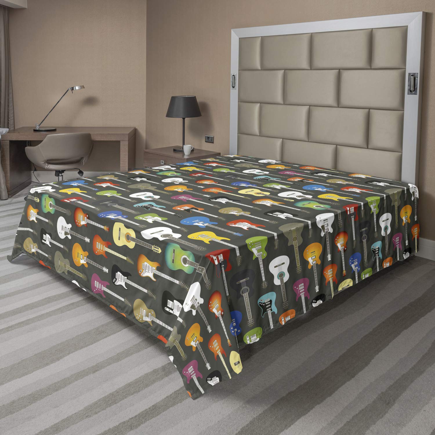 Ambesonne Guitar Print Flat Sheet - Soft & Comfortable California King Size Bed Sheet with Grunge Music Instrument Design - Perfect for Bedroom Decor, Music Lovers & Songwriters - 1 Piece Multicolor Top Sheet
