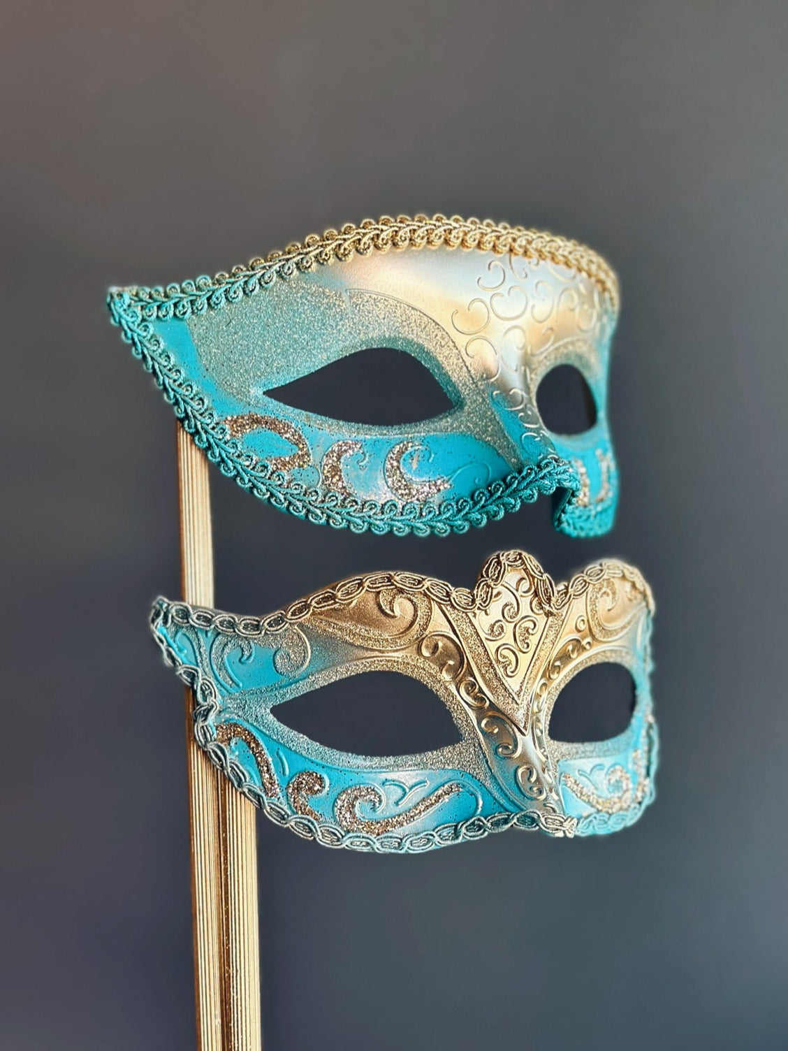 Valor & Bravaro Stick Masks - Gold & Turquoise Face Masks for Halloween, Cosplay & Costume Parties - Premium Quality Disposable Masks for Adults & Kids
