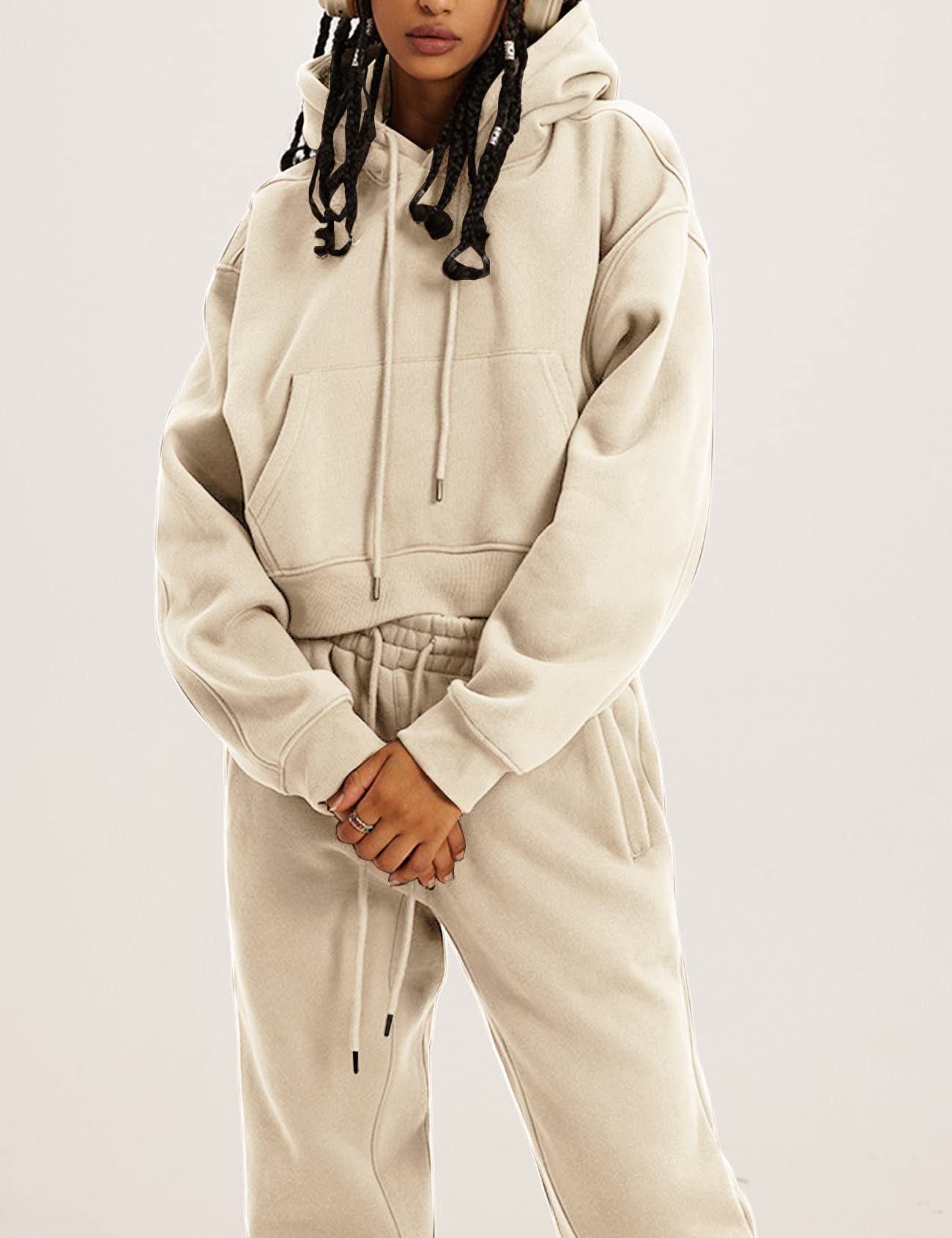 CozyPoin Women's Fleece 2-Piece Sweatsuit Set - Soft Crop Top & Pants Hoodie Tracksuit for Lounge, Workout & Casual Wear | Winter Comfort Outfit