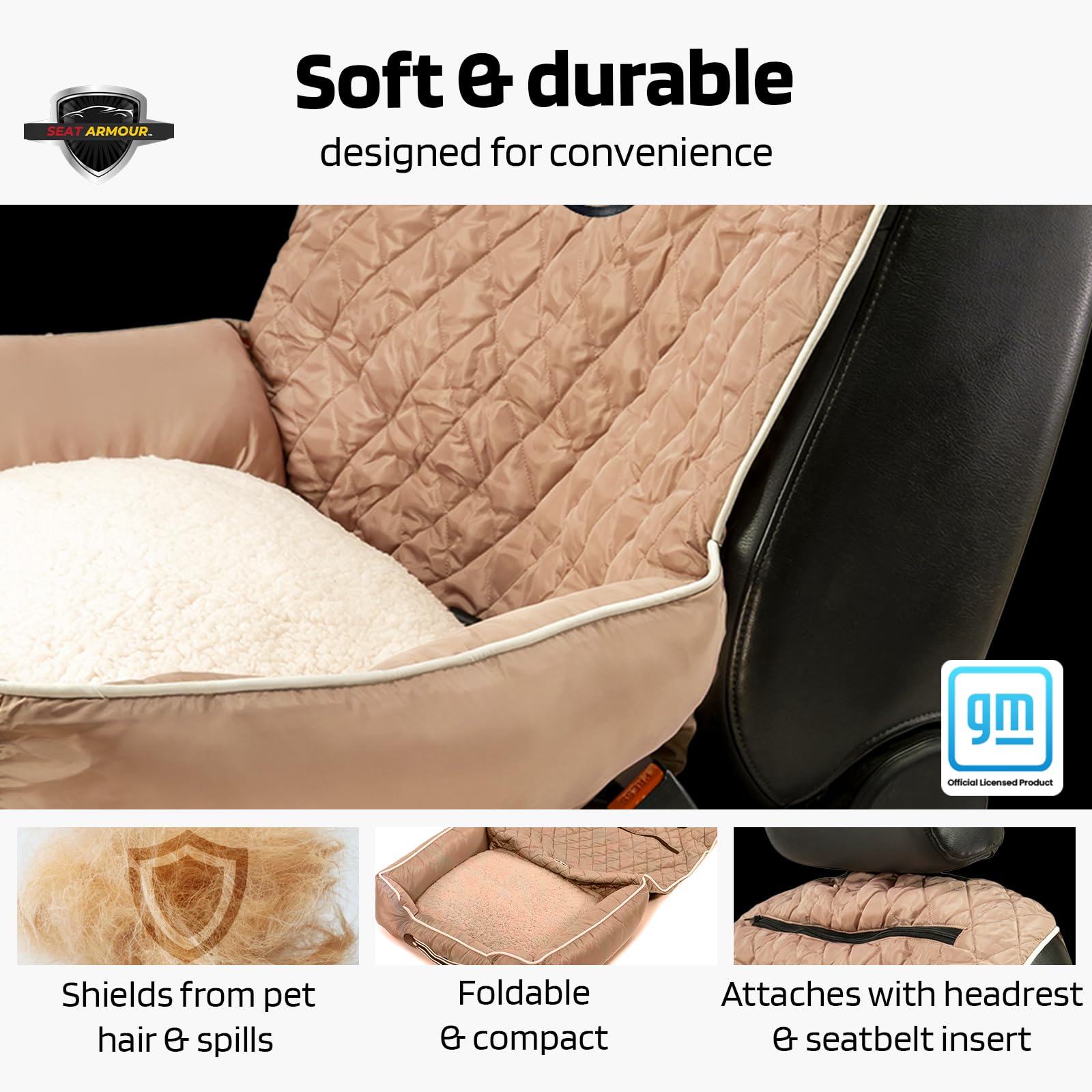 Seat Armour Chevrolet PetBed2GO Dog Car Seat Cover – 2-in-1 Pet Bed & Car Seat Protector – Waterproof, Non-Slip, Full Protection for Pets – 26x20x6 inches, 3.5 lbs, Tan – Perfect for Travel, Road Trips & Daily Commutes with Your Dog