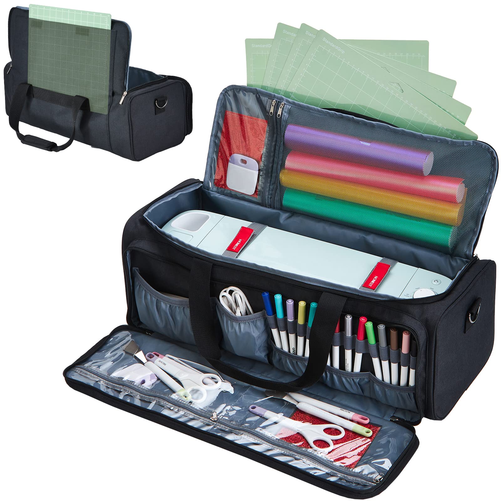 Premium Carrying Case for Cricut Explore Air 2, Maker & Maker 3 - Multi-Pocket Storage for 12x12 Mats, Vinyl Rolls, Pens & Tools - Durable Black Patent Design - Perfect for Crafting, DIY Projects & Travel Organization