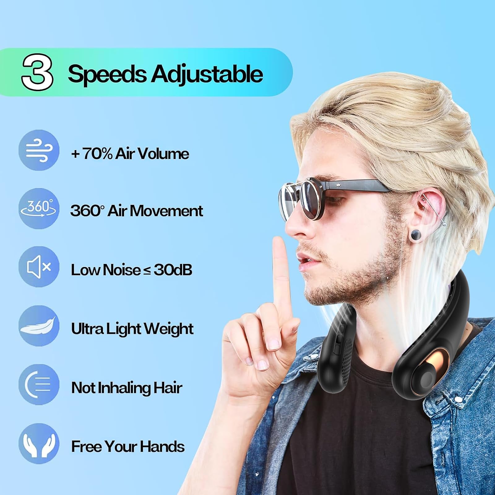 KIDEE Bladeless Neck Fan - 360° Cooling Airflow, Super Quiet, 3 Speed Adjustable, 4000mAh USB Rechargeable Wearable Fan for Outdoor, Office, Travel & Sports - Hands Free Personal Cooling Solution