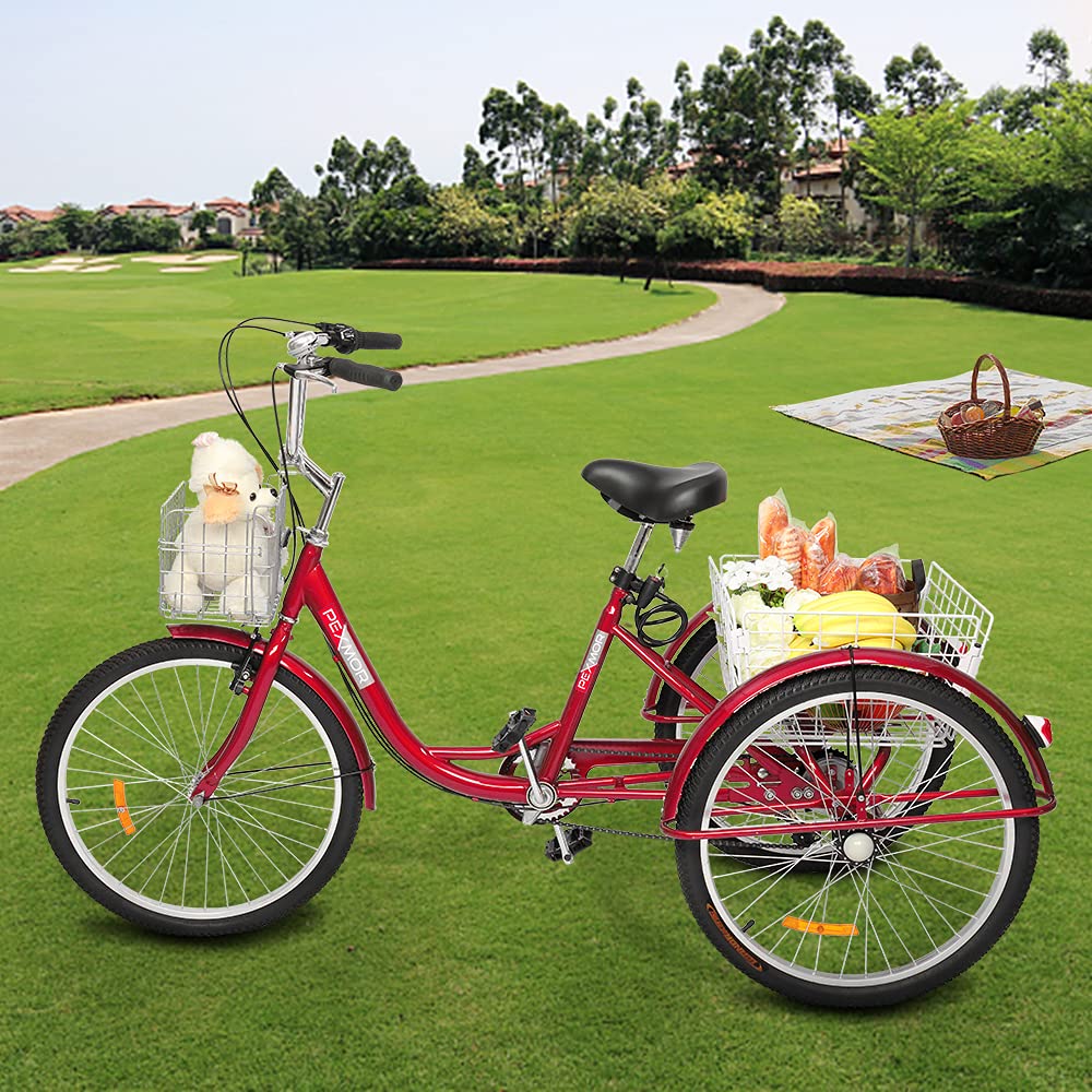 PEXMOR 24/26 Inch 7-Speed Adult Tricycle for Women, Men & Seniors - 3 Wheel Cruiser Bike with Folding Front & Rear Basket - Perfect for Shopping, Recreation, Picnics & Outdoor Activities