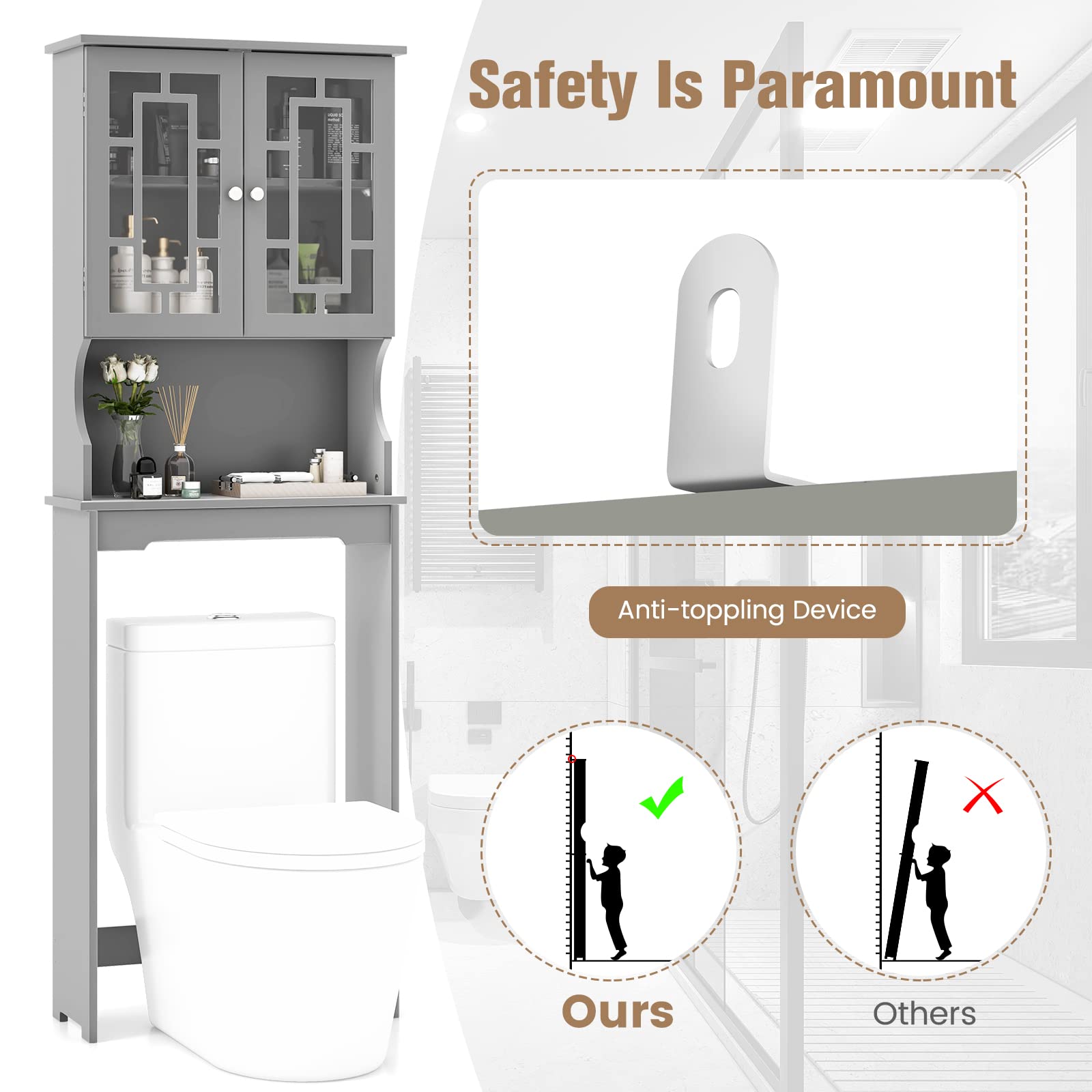Giantex Over-The-Toilet Storage Organizer with Cabinet & Shelf - Space Saving Bathroom Storage Rack for Towels, Toiletries & Cleaning Supplies - Above Toilet Standing Shelf (Gray) - Perfect for Small Bathrooms & Apartment Living