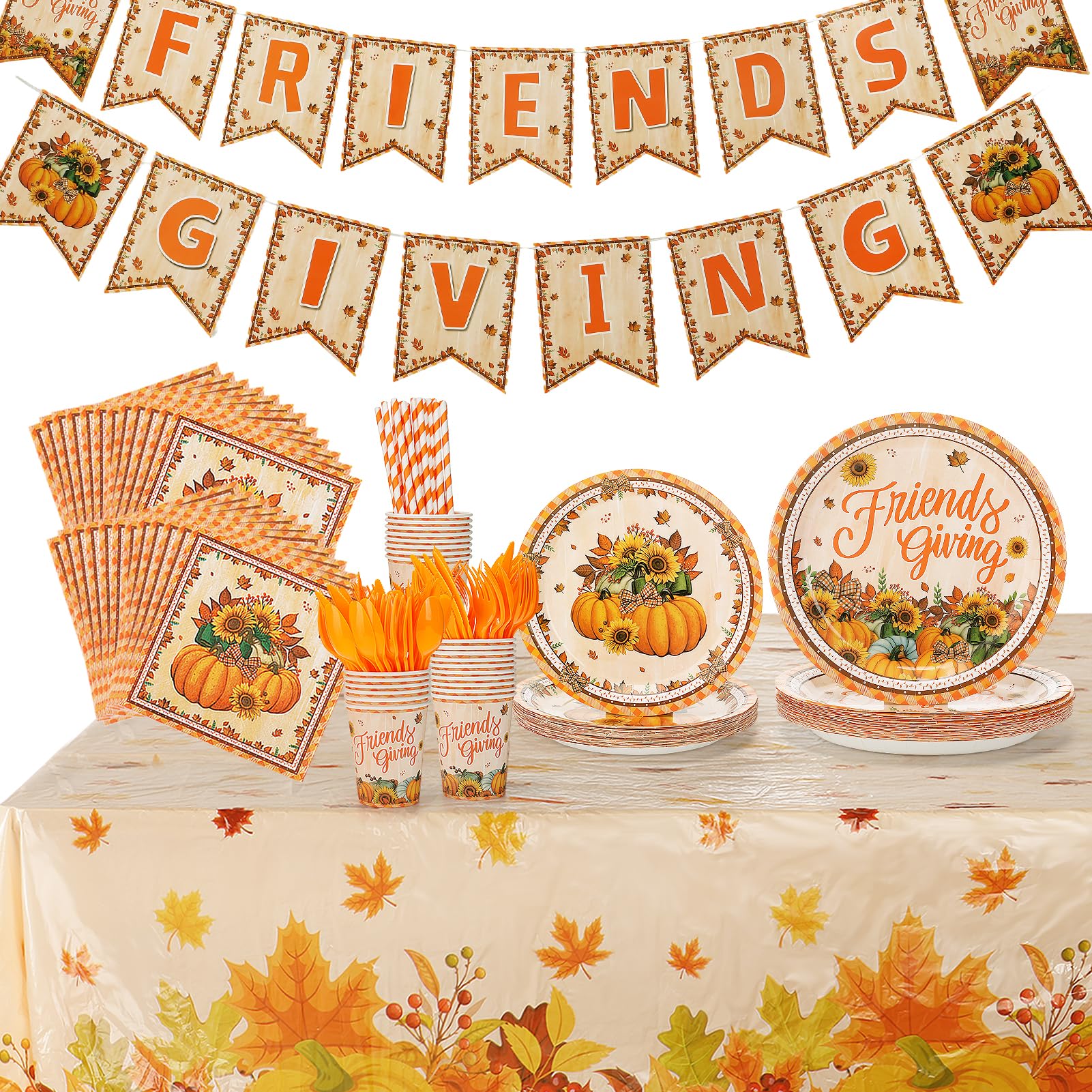 Friendsgiving Party Decorations Set - 194pcs Thanksgiving Tableware Kit with Pumpkin Plates, Cups, Forks & Napkins for 24 Guests | Thanksgiving Dinner Decor, Friendsgiving Table Setting for Holiday Gatherings & Family Feasts