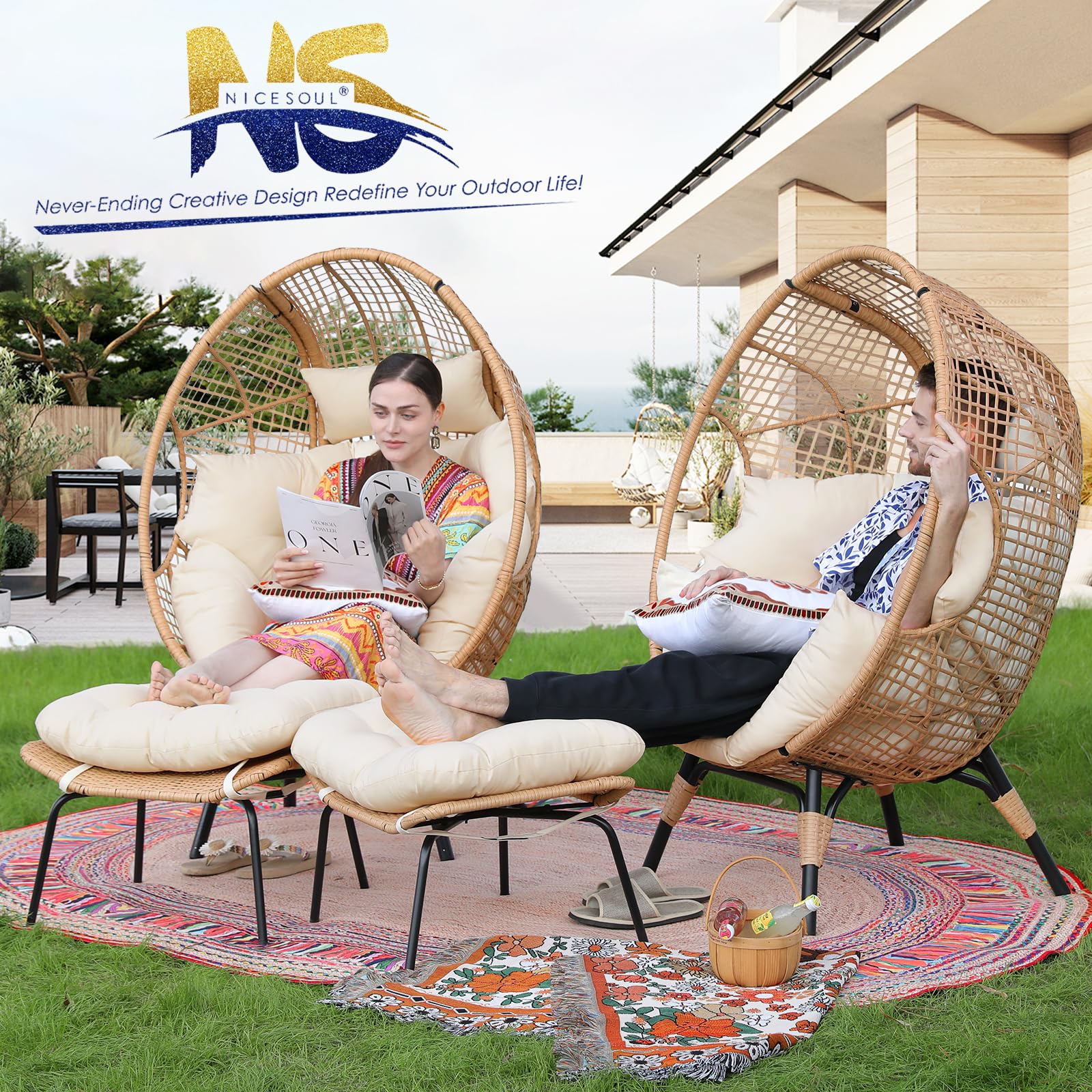 NICESOUL Wicker Egg Chair with Ottoman - Indoor/Outdoor Hanging Egg Basket Lounge Chair with Cushion, Oversized Boho Style Nest Chair with Footrest (440 lbs Capacity) - Perfect for Patio, Balcony, Garden & Backyard Relaxation