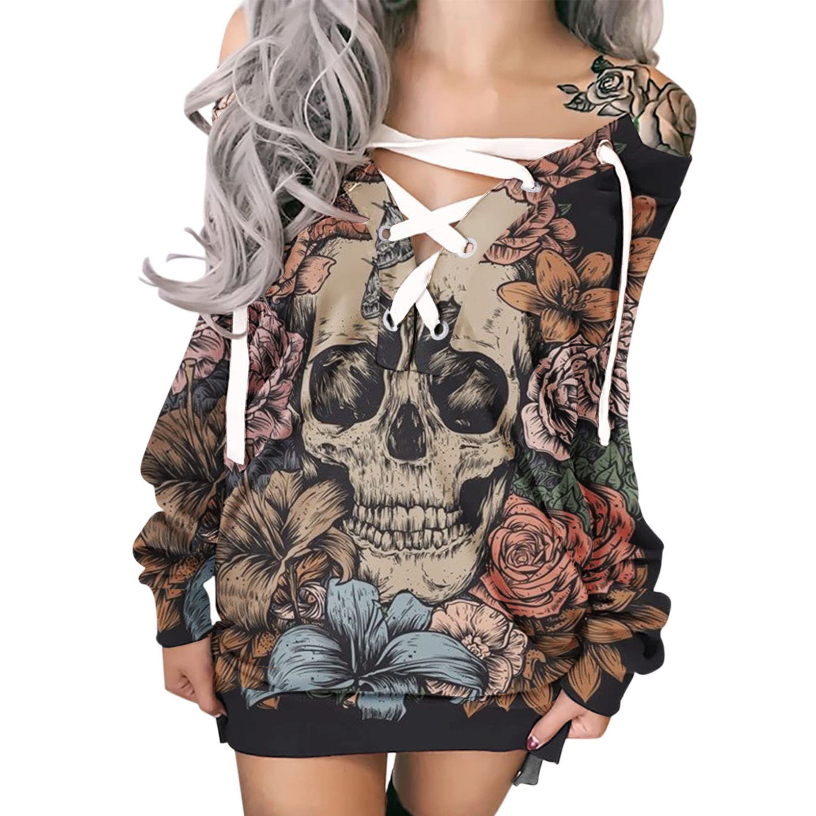 Women's Short Sleeve Maxi Hoodie Dress - Halloween Print Sweatshirt Dress with Off Shoulder Design | Casual Streetwear, Costume Party Outfit & Cozy Loungewear