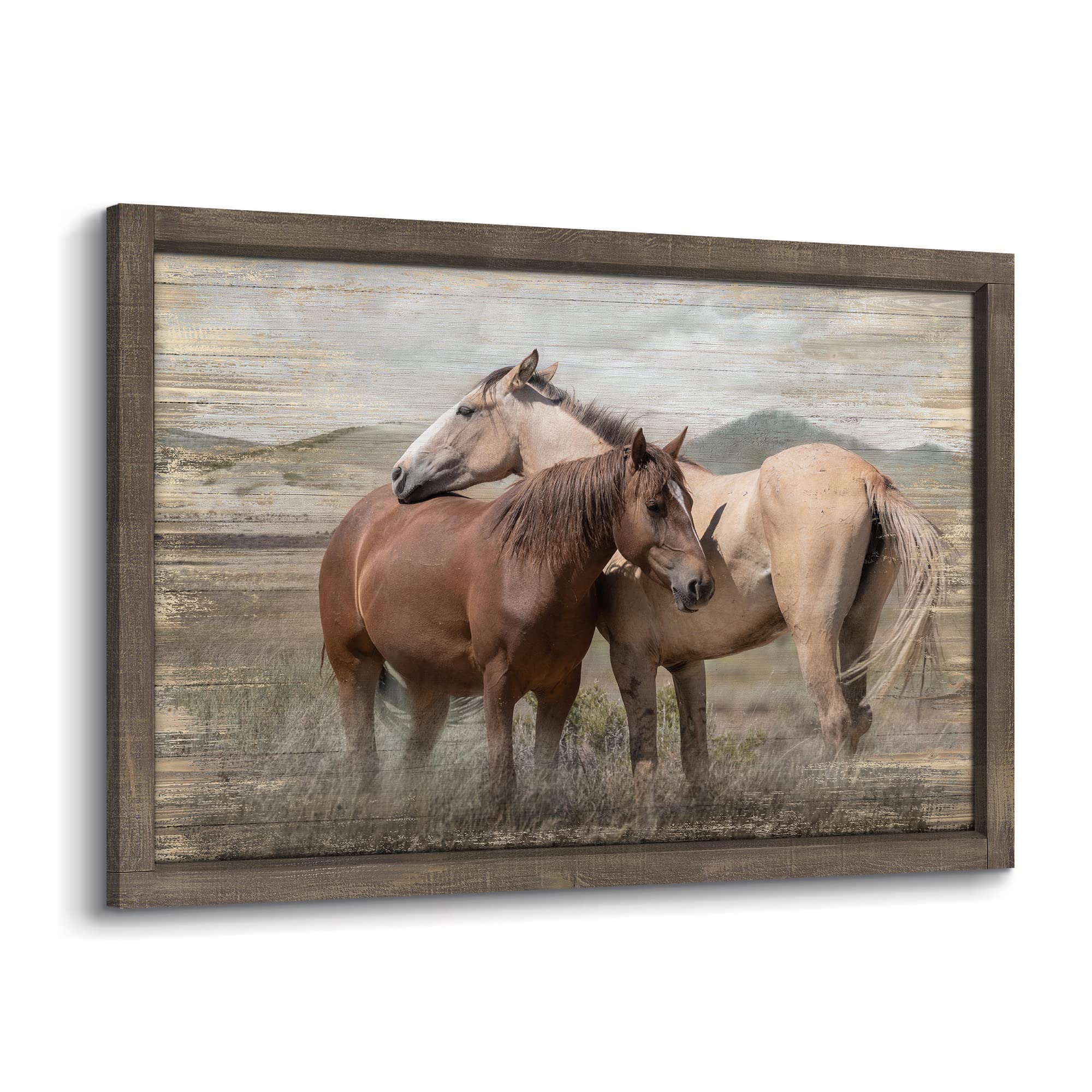 Wild Horses Wall Art Framed - Large Hand Painted Horse Painting on Wood with Heavy Texture - 45x30 Inch Equestrian Home Decor for Living Room, Bedroom & Office