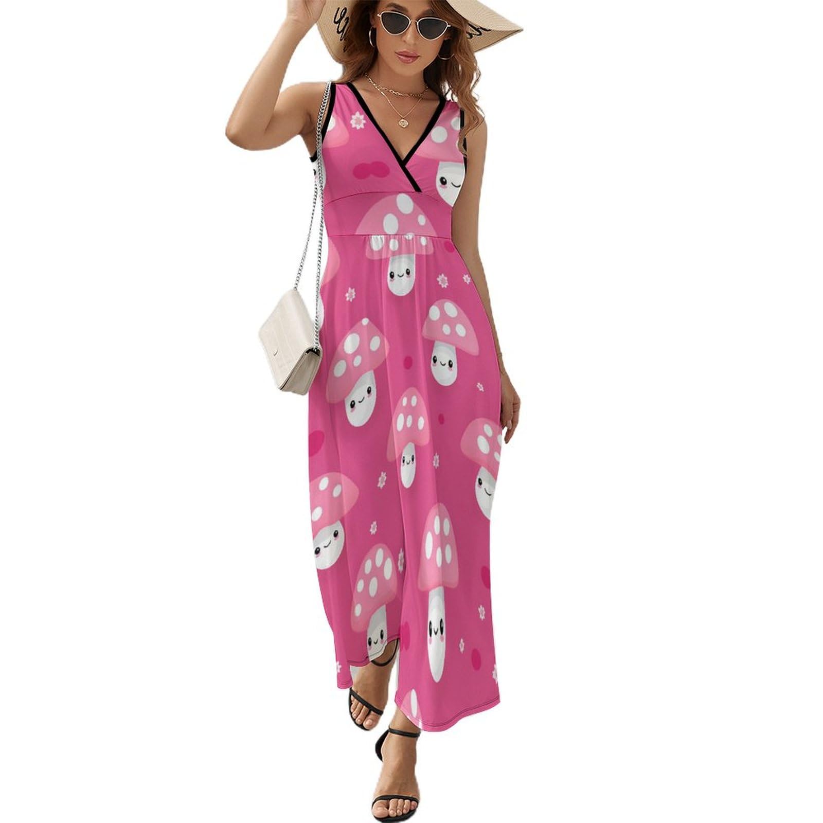 Cute Mushroom Print Women's Casual Sleeveless Loose Maxi Sundress - Perfect for Beach Vacations, Summer Outings & Boho Fashion