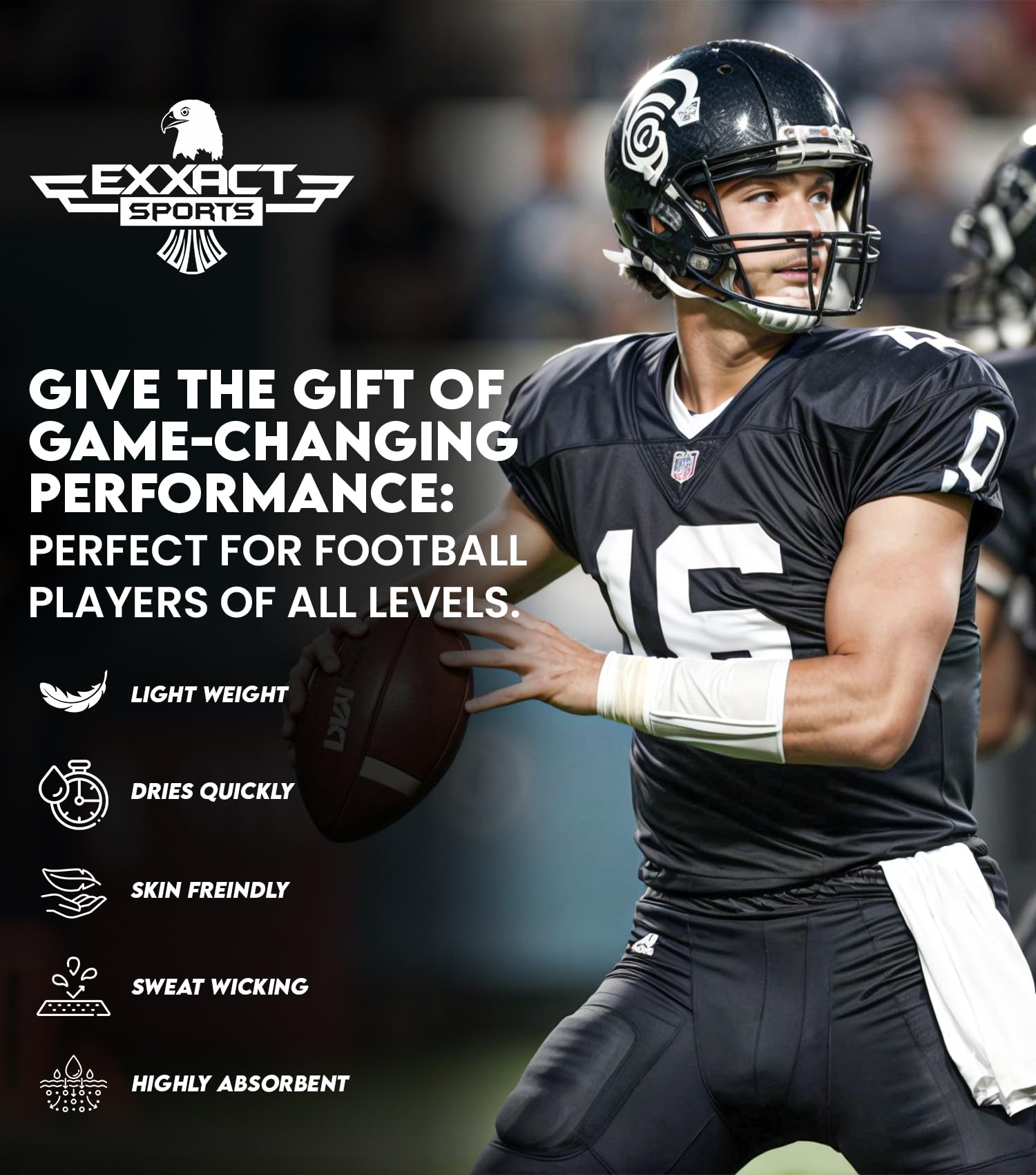Exxact Sports Black Football Towel with Hook & Loop Fastener - Highly Absorbent Quick-Dry QB Towel for Cleaning Hands, Visor & Gloves - Perfect for Football, Soccer & Outdoor Sports Training