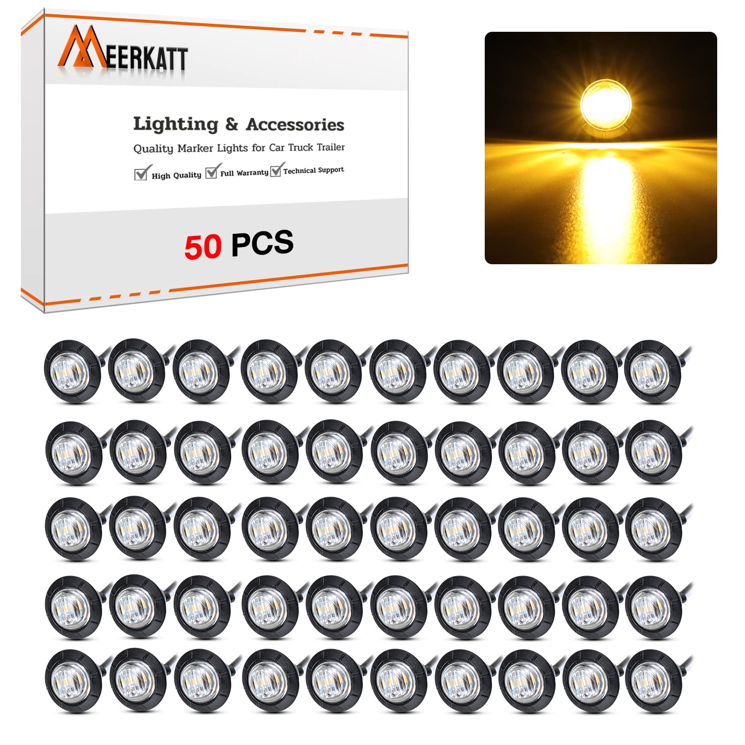 50 Pack MADCATZ Meerkatt Mini Round 3/4 Inch Clear Lens Amber LED Side Marker Lights - Universal Fit for Trucks, Trailers, Buses, Pickups (12V DC with Grommets) - Ideal for Road Safety & Vehicle Visibility