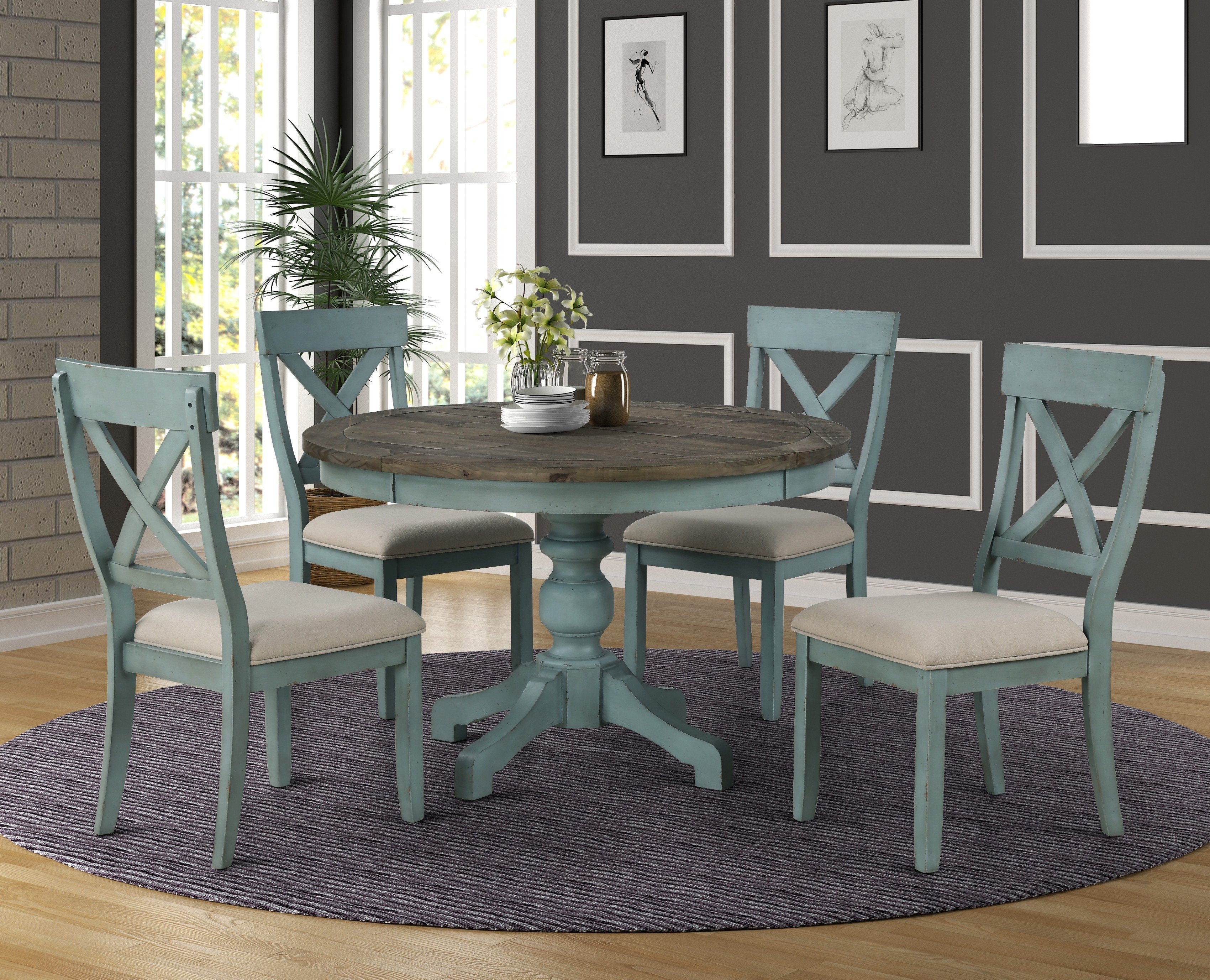 Round Blue and Brown Two-Tone Wood Dining Table - Modern Farmhouse Style for Kitchen, Dining Room & Small Space Decor