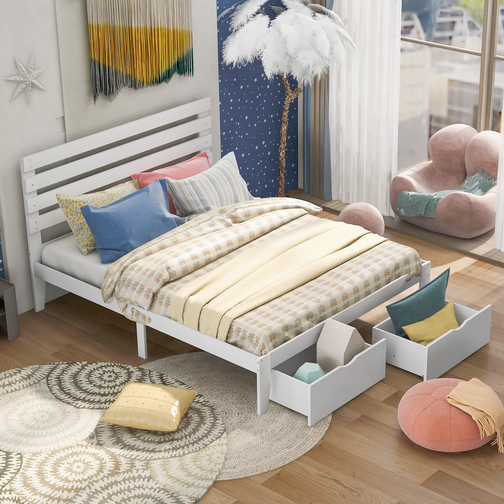Queen Size Wood Platform Bed Frame with Storage Drawers & Headboard - Solid Wood Slat Support, No Box Spring Needed - Perfect for Bedroom, Guest Room & Small Space Living