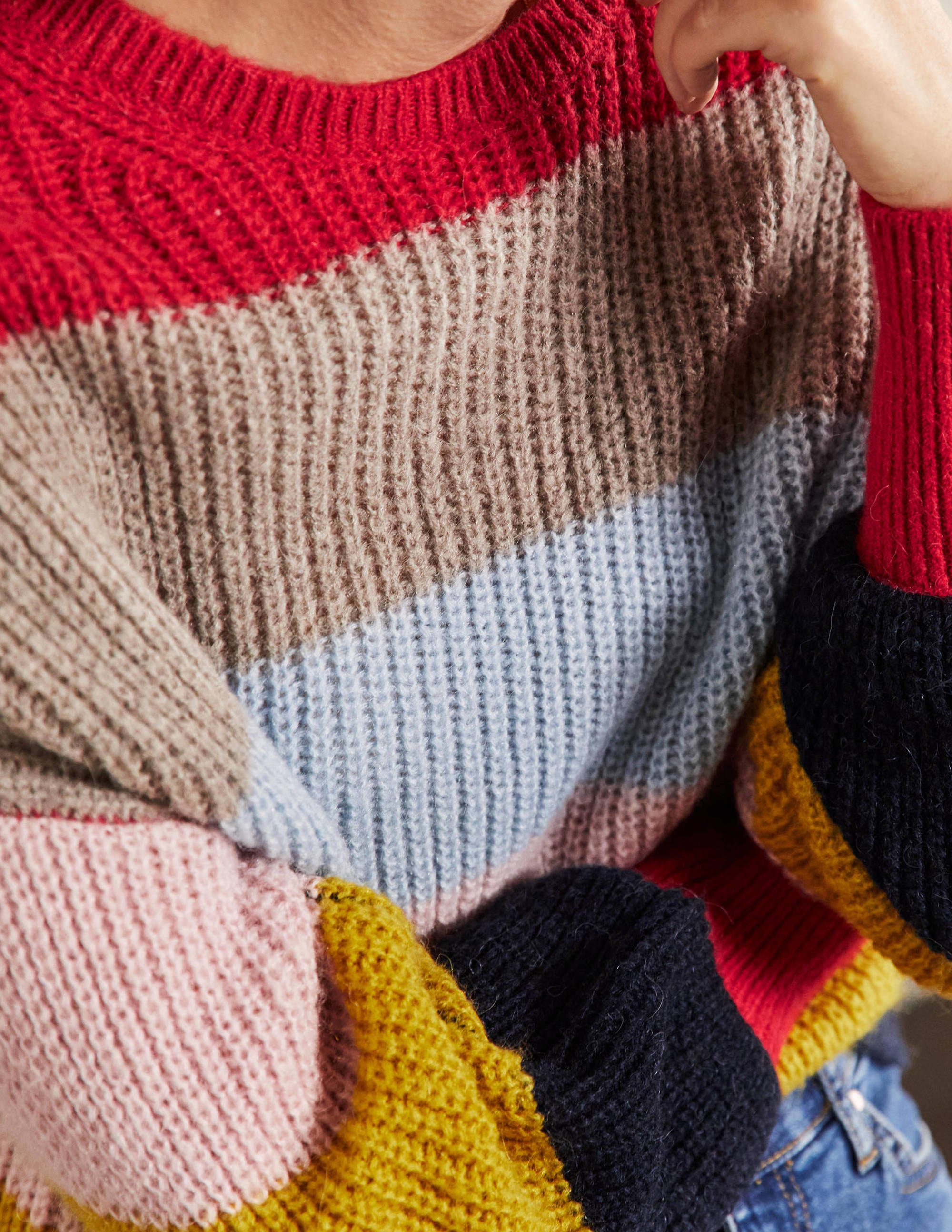 Fluffy Rainbow Stripe Blouson Cuff Sweater - Women's Cozy Knit Pullover for Casual Wear & Winter Fashion