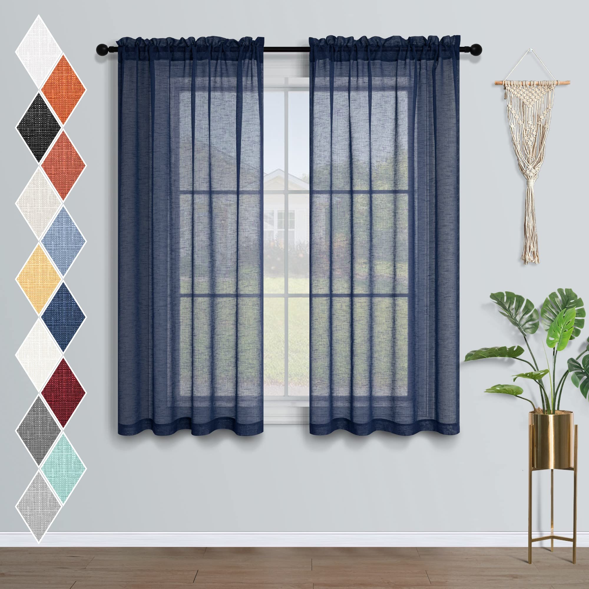 Mrs.Naturall Navy Blue Sheer Bathroom Window Curtains - 45 Inch Length, Rod Pocket Design - 2 Panels Set for Kitchen, Bedroom & Living Room - Light Filtering Privacy & Elegant Home Decor