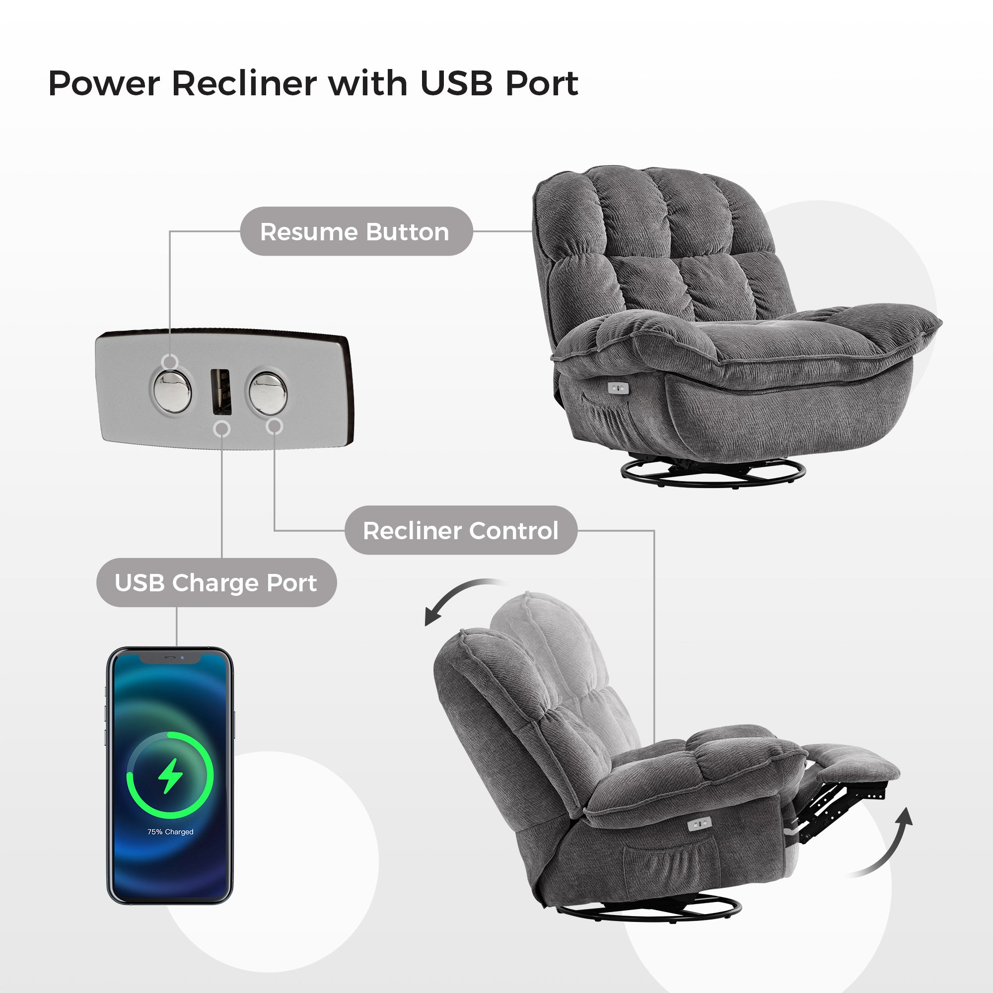 Grayson Power Recliner Chair with Swivel & Rocking Motion, Storage Pocket - Perfect for Living Room, Home Theater & Small Spaces