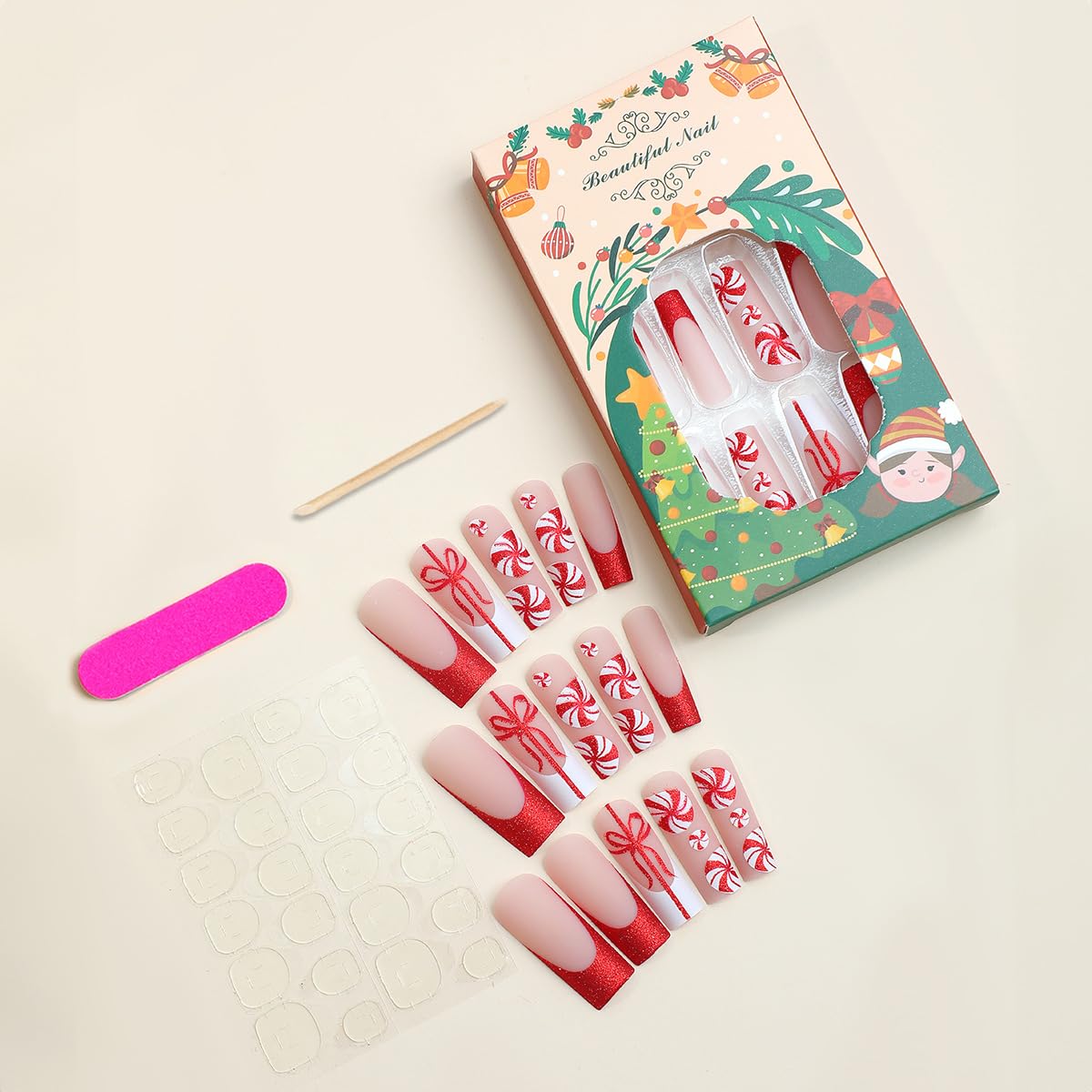 24 Pcs Christmas Press on Nails - Long French Tips with Candy Glitter Designs, Full Cover Artificial Acrylic Glue on Nails for Women & Girls | Holiday Party, Gift, Nail Art DIY