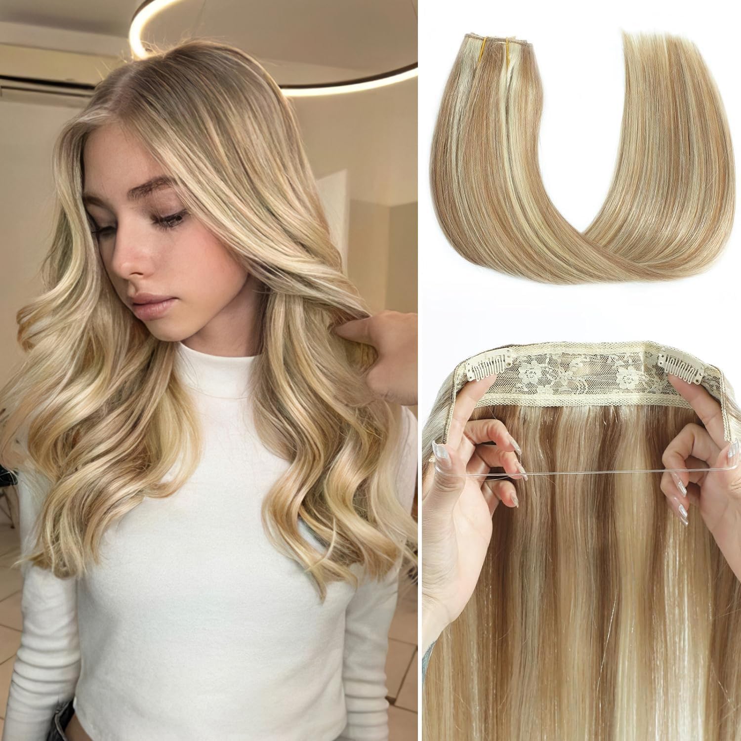 Tinashe 20-Inch Real Human Hair Extensions - Straight 90g Light Blonde with Golden Highlights | Invisible Wire Fish Line for Seamless Blending | Perfect for Daily Wear, Parties & Special Occasions