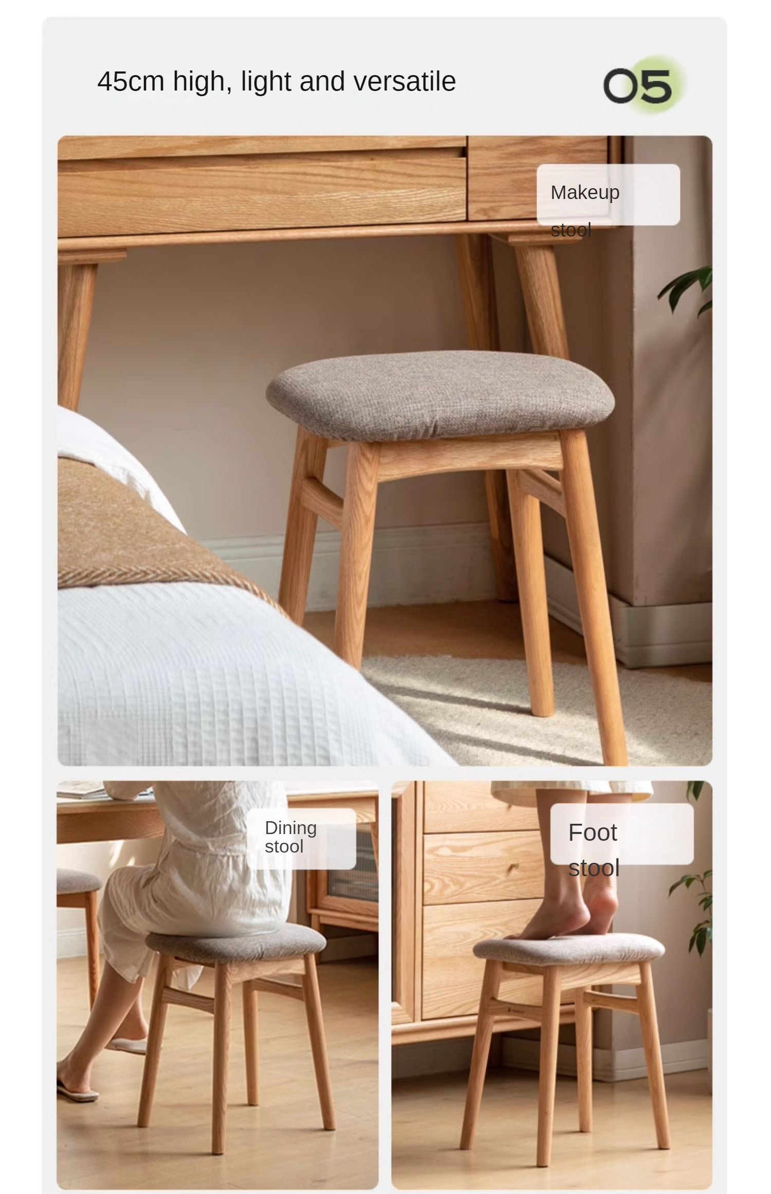 Premium Oak Solid Wood Makeup Stool with Soft Upholstered Seat - Perfect for Vanity, Dressing Room & Beauty Salon
