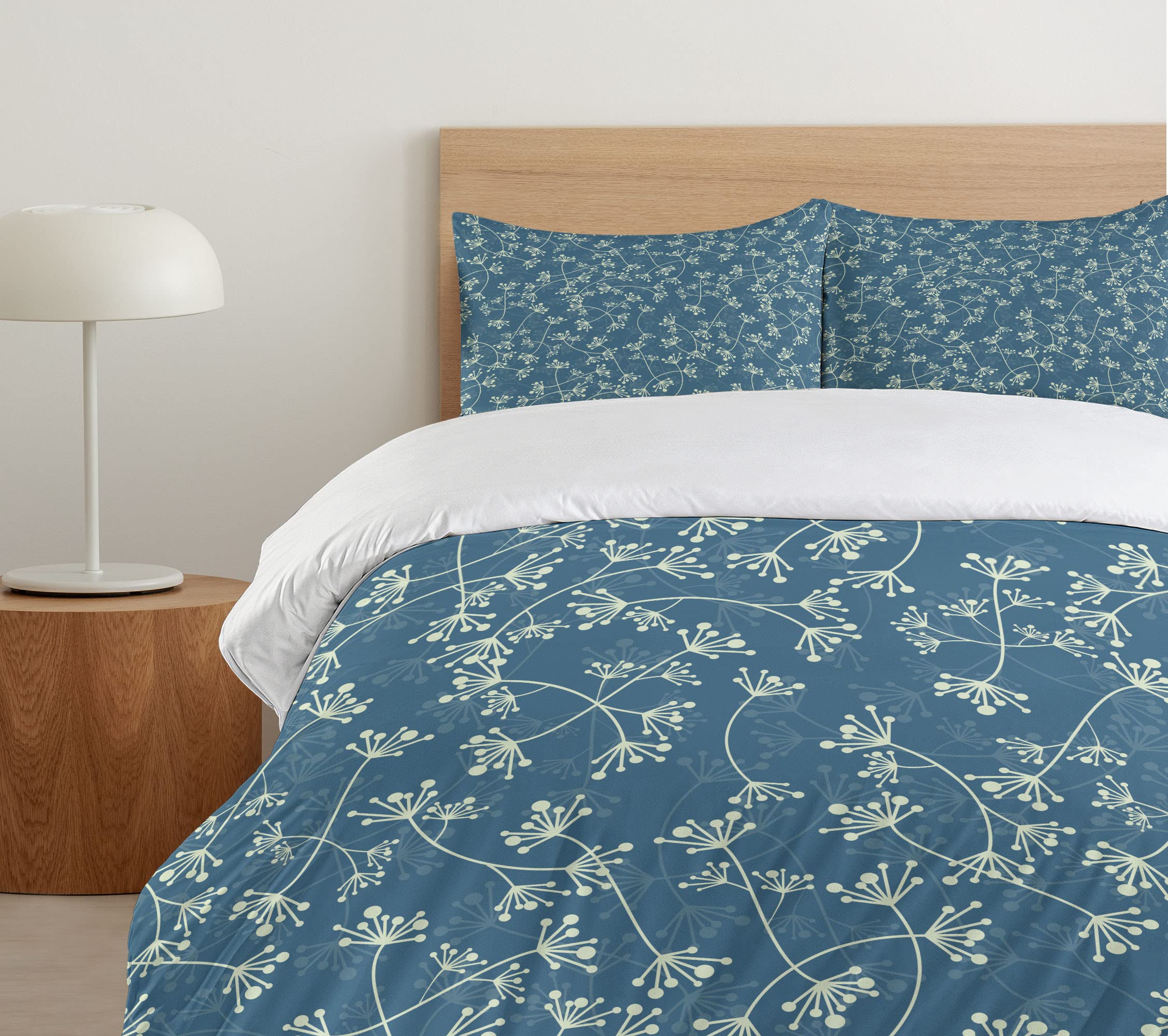 Ambesonne Floral Duvet Cover Set - Nature Inspired Twiggy Plants & Petals Spring Design, 3-Piece Bedding Set with 2 Pillow Shams, California King Size, Pale Green Slate Blue - Perfect for Spring Bedroom Decor & Guest Room Styling