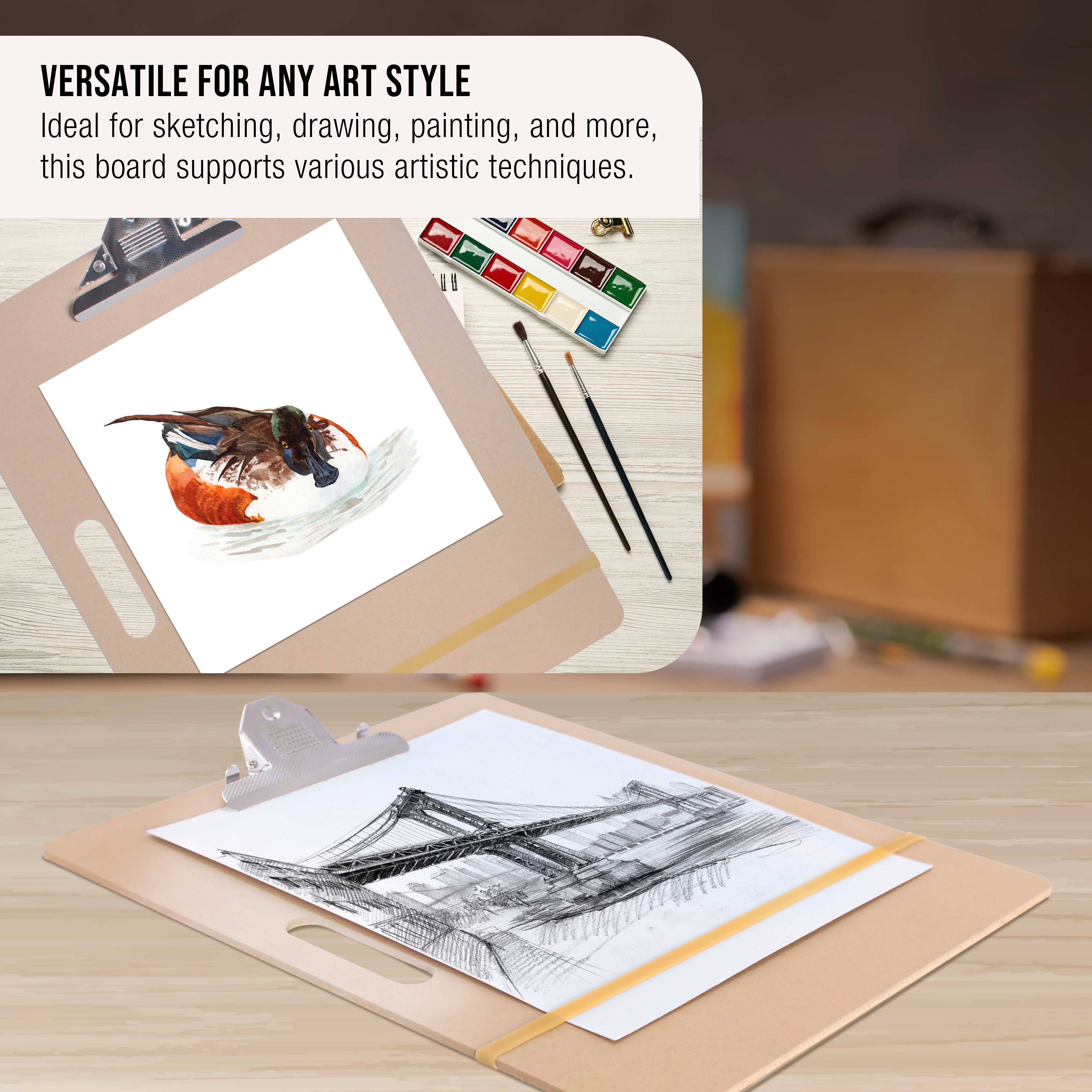 11x17 Lightweight Artist Sketch Tote Board - Portable Hardboard Drawing Board with Handle, Clip & Rubber Band for Sketching, Painting, Studio & Travel - Perfect for Artists, Students & Outdoor Enthusiasts