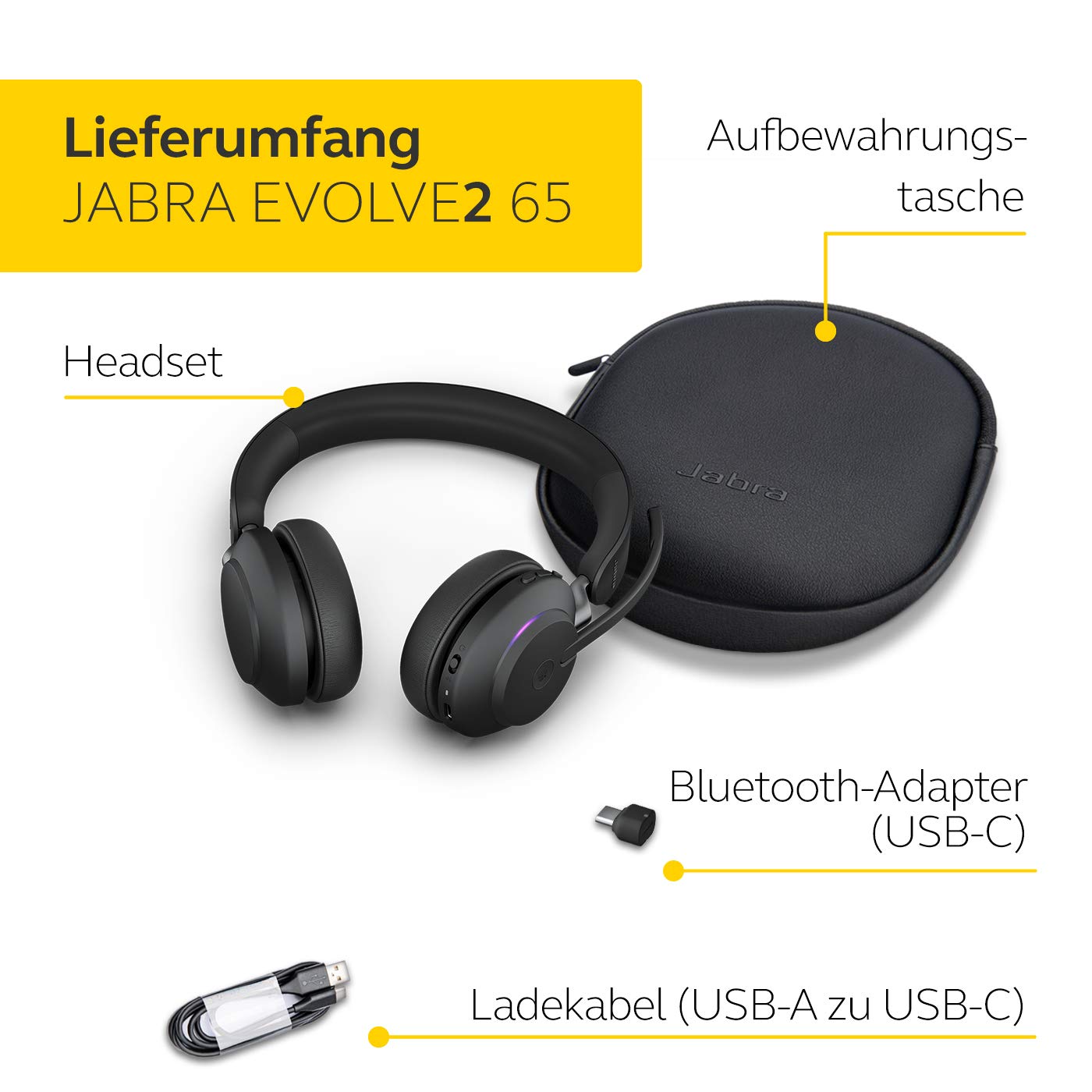 Jabra Evolve2 65 Wireless PC Headset - Noise Cancelling Microsoft Teams Certified Headphones with Long Battery Life - USB-C Bluetooth Adapter - Black - Perfect for Remote Work & Video Conferencing