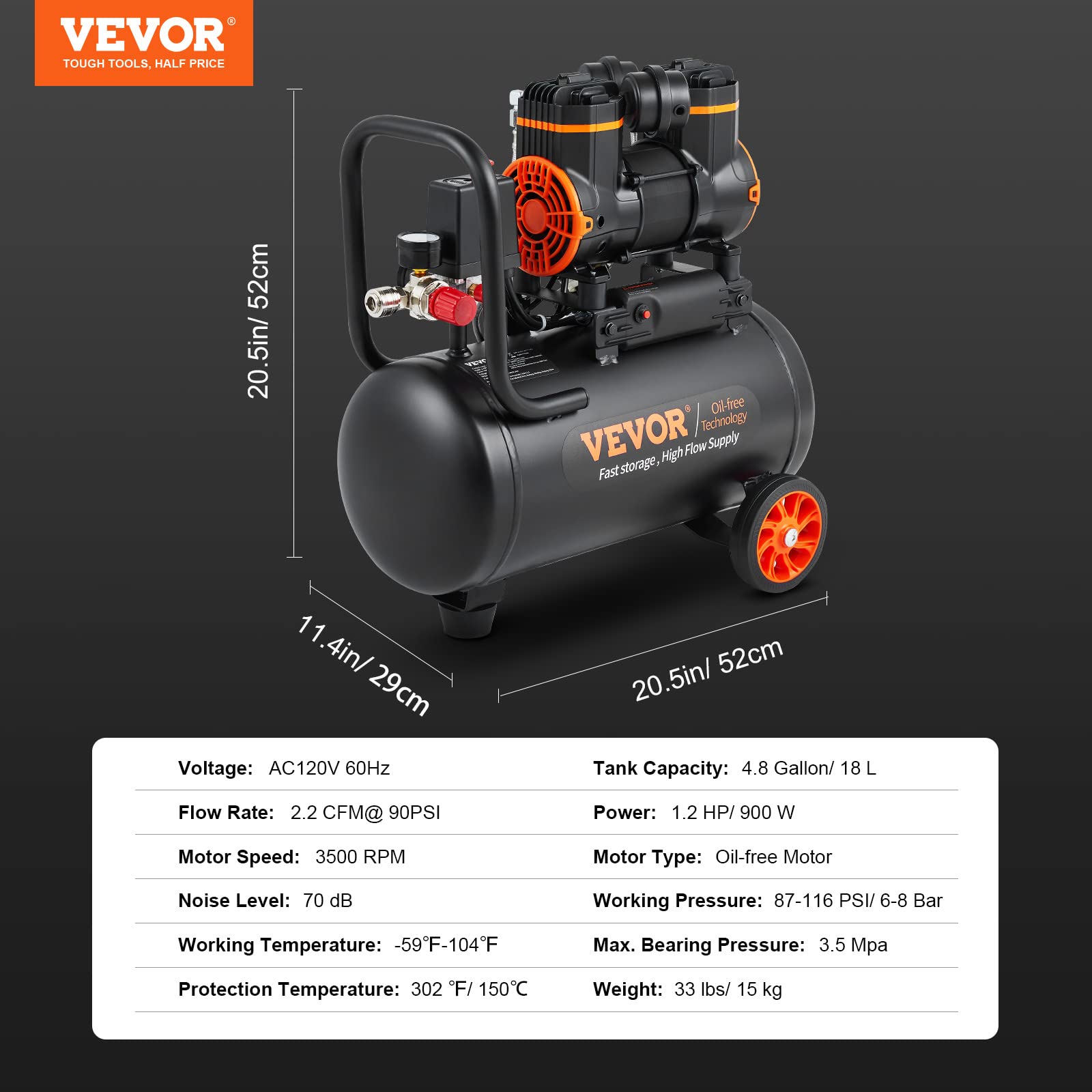 VEVOR 4.8 Gallon Air Compressor, 1.2HP Oil-Free Portable Air Compressor with 2.2 CFM@90PSI & 116PSI Max Pressure, 70dB Ultra Quiet - Perfect for Auto Repair, Tire Inflation, Spray Painting, Nailing & DIY Projects