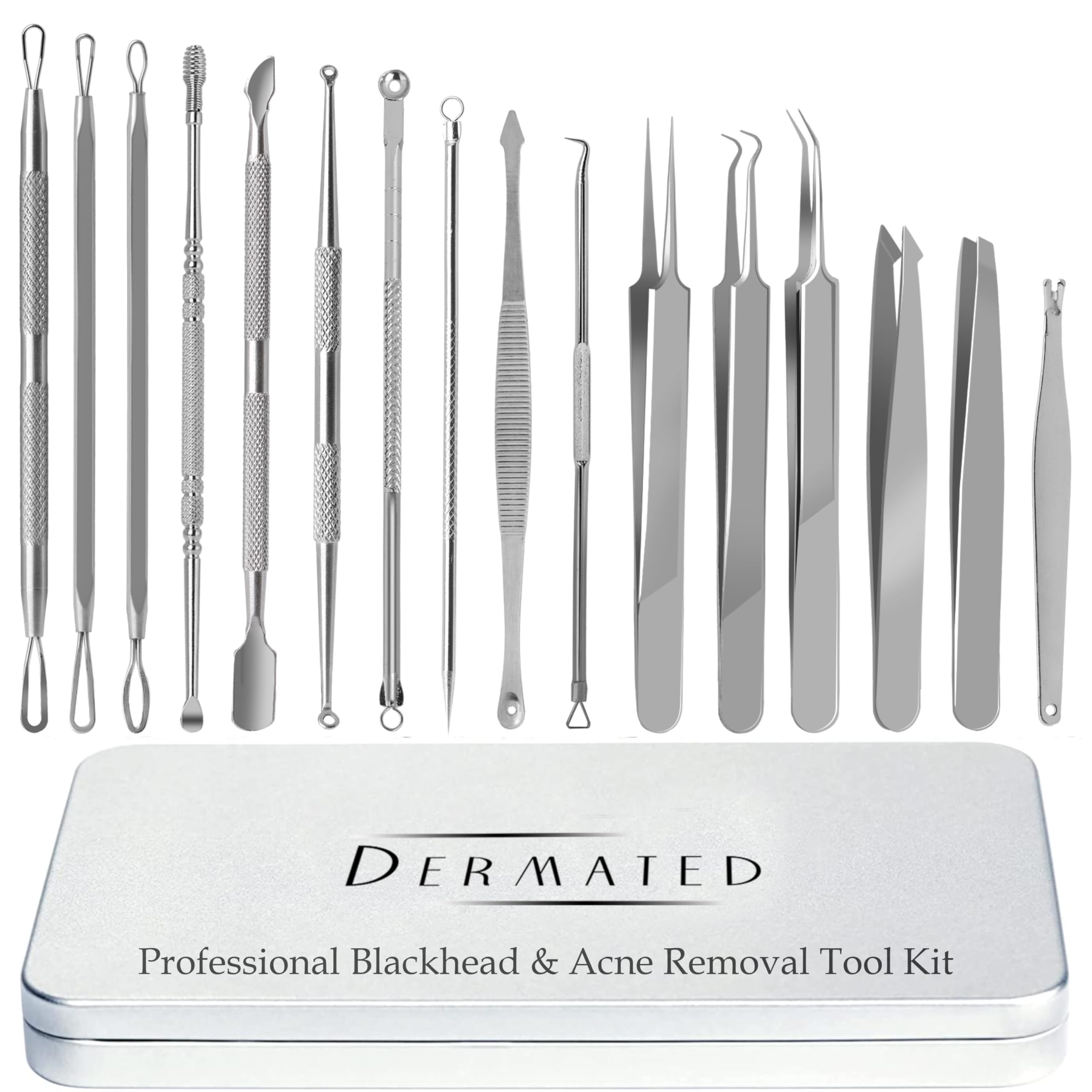16 Pcs Blackhead Remover Kit - 2025 Professional Stainless Steel Pimple Extractor Tools for Blackheads, Acne, Whiteheads & Blemishes | Perfect for Facial & Nose Care | Ideal for Home Spa, Travel & Daily Skincare Routine