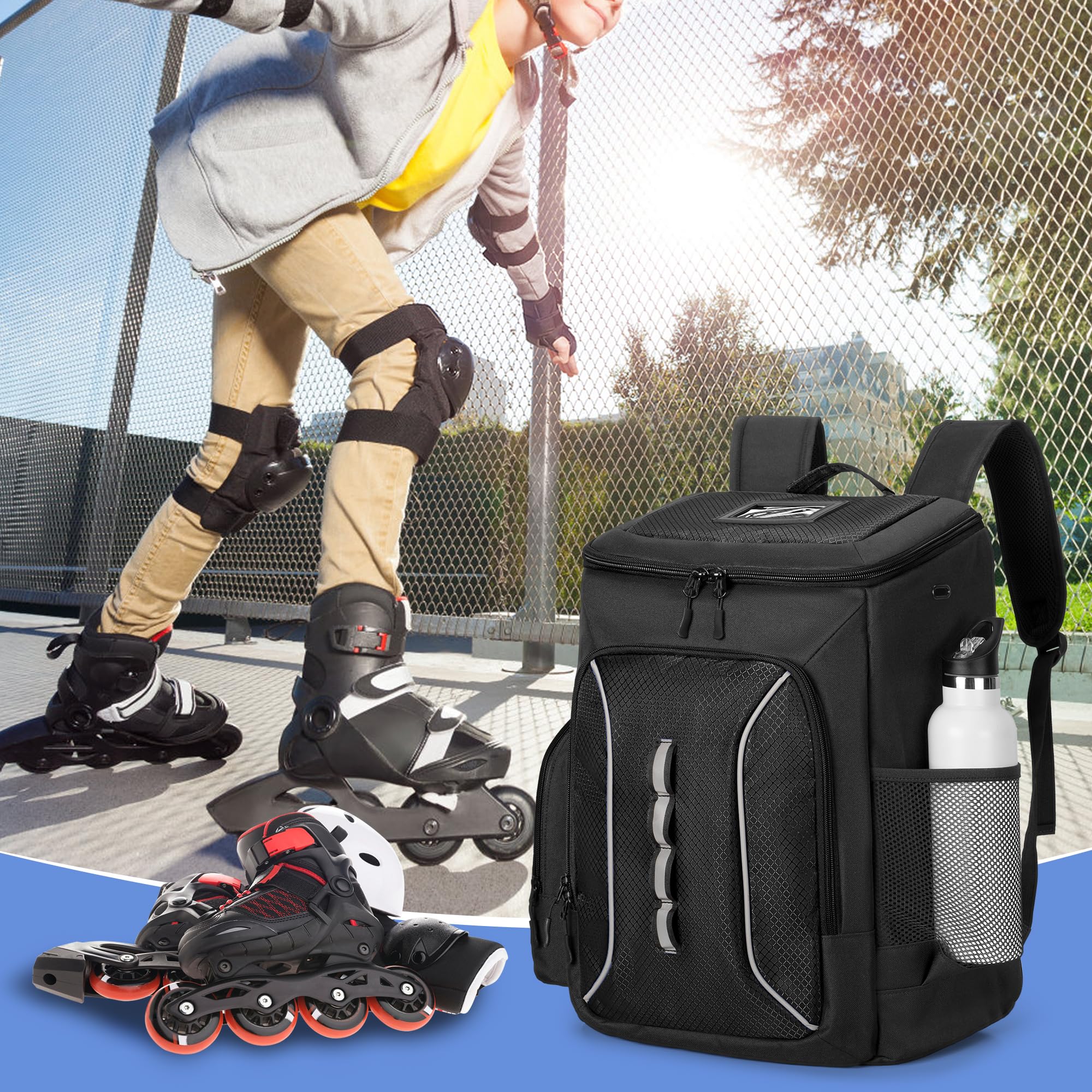 DSLEAF Large Capacity Roller Skate Backpack - Holds Shoes Up to US Men Size 13, Multi-Pocket Storage for Inline/Figure/Quad/Speed/Hockey Skates - Perfect for Ice Rink, Roller Derby & Outdoor Skating Adventures