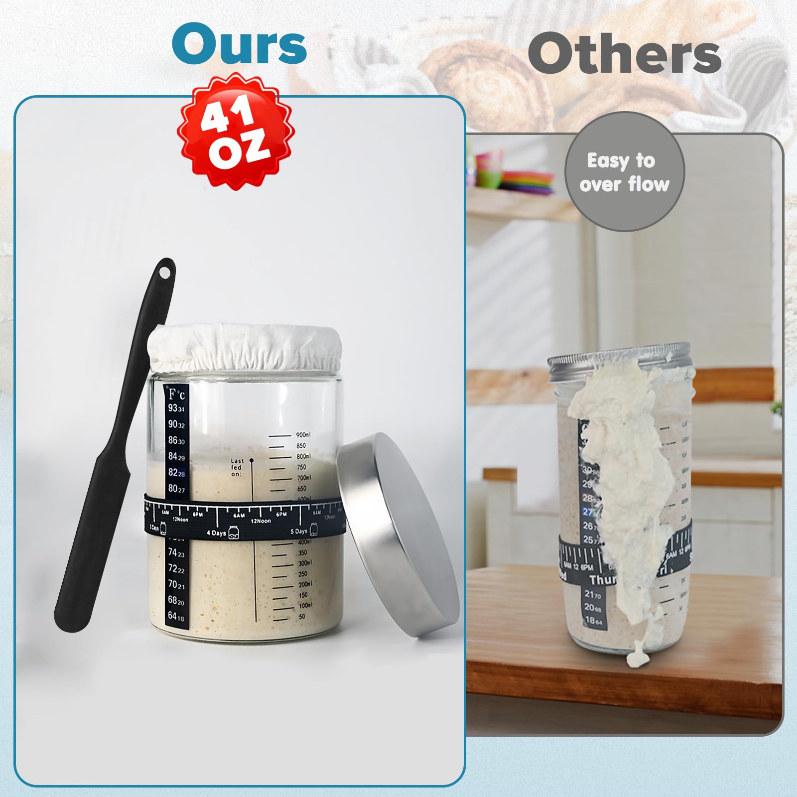 Organic Sourdough Starter Kit - 41oz Large Glass Jar with Feeding Tracker, Thermometer & Baking Tools for Homemade Bread | Perfect for Artisan Sourdough, Pizza Dough & Pastry Making at Home
