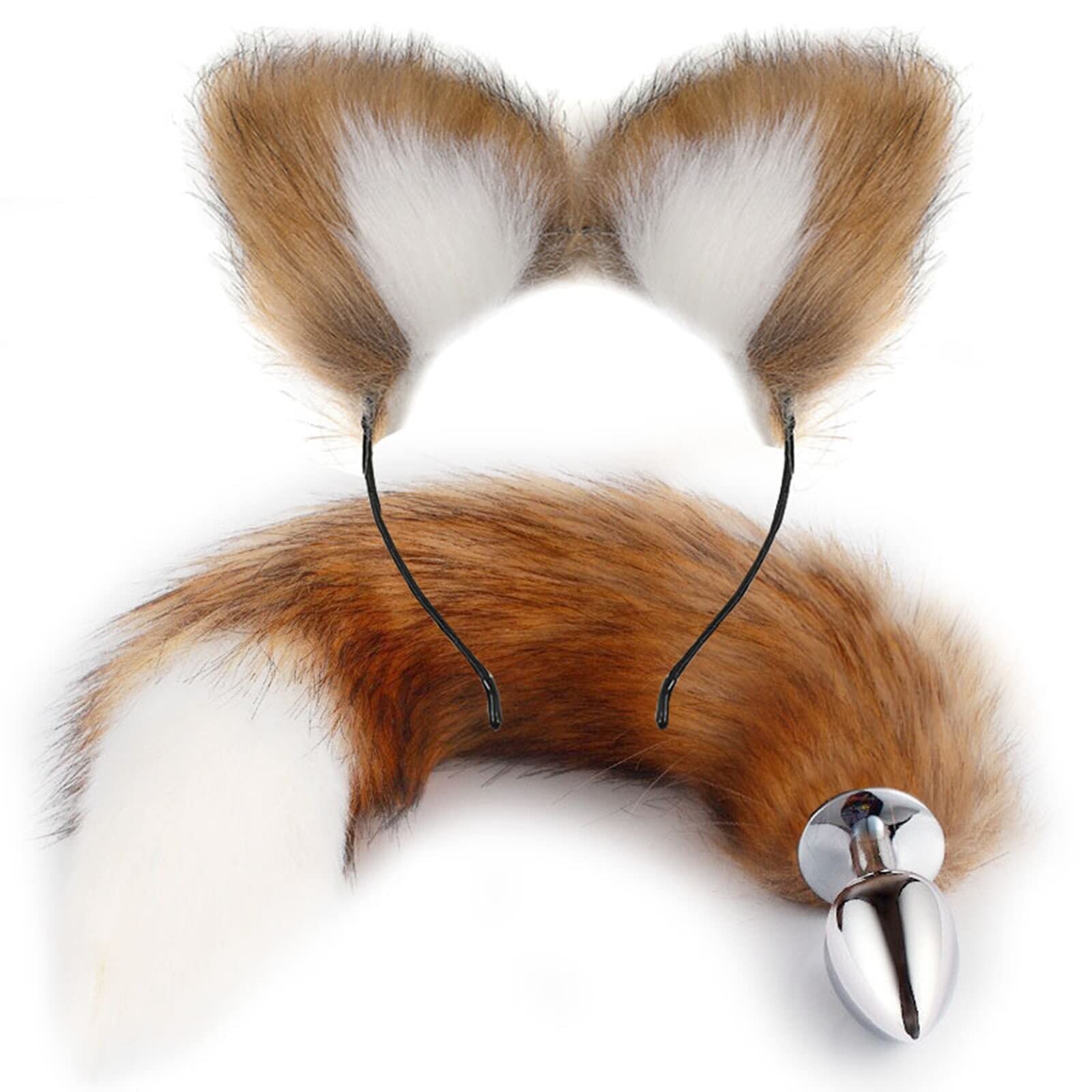 Fox Tail Anal Plug Set - 2PCS Silicone Butt Plugs with Cat Ears Headband for Women & Men | Beginner Friendly Adult Toys for Couples Bondage & Role Play (Brown/White) | Perfect for BDSM, Cosplay & Sensual Play