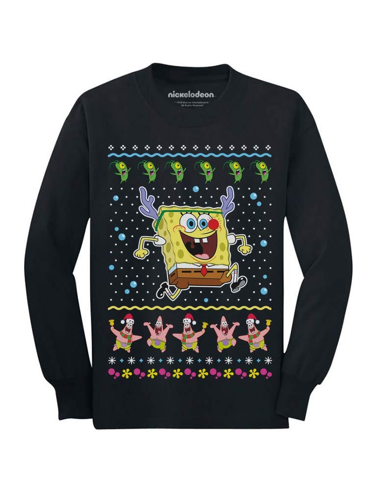 Spongebob Squarepants Cartoon Christmas Reindeer Ugly Sweater - Kids Long Sleeve Holiday T-Shirt for Xmas Party & Family Gatherings