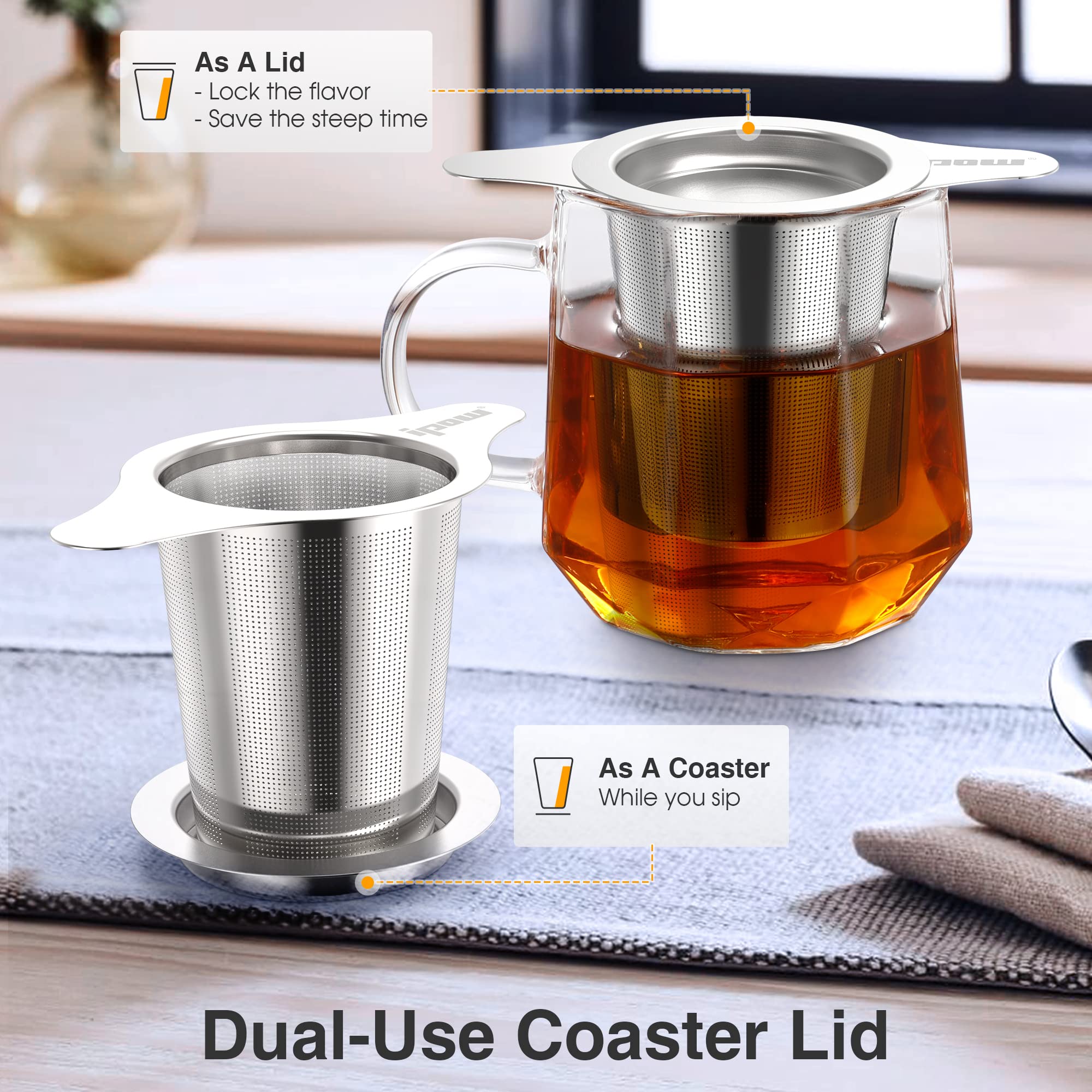 IPOW Reusable Stainless Steel Coffee Filter - Eco-Friendly Paperless Coffee Maker Strainer with Double Fine Mesh for Loose Tea & Ground Coffee - Fits Cups, Mugs & Teapots - Perfect for Home, Office & Camping Use