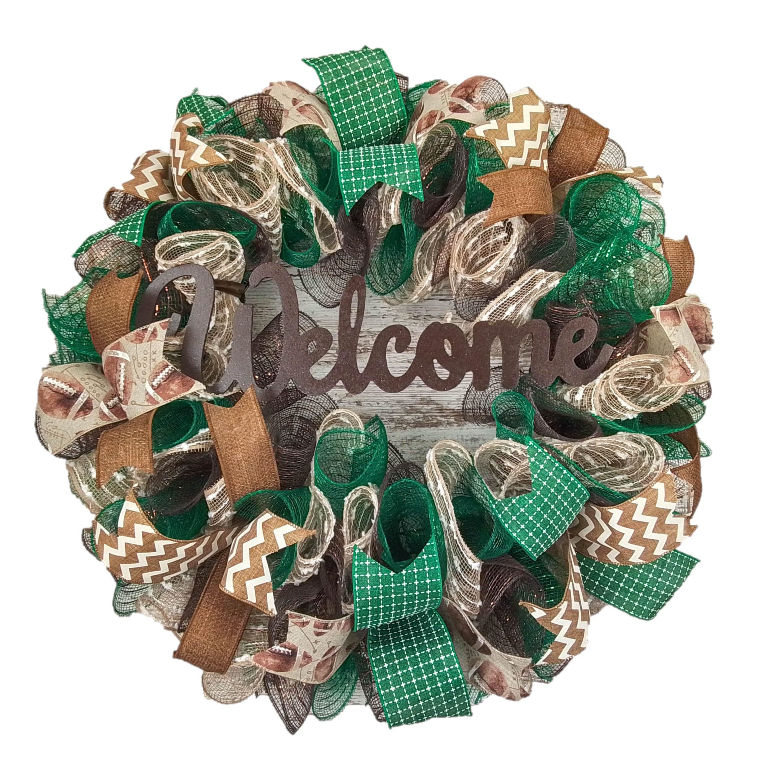 Football Wreath for Front Door - Sports Themed Mesh Outdoor Welcome Decor in Brown & Green Burlap - Perfect for Game Day, Tailgating, and Sports Fan Home Decor