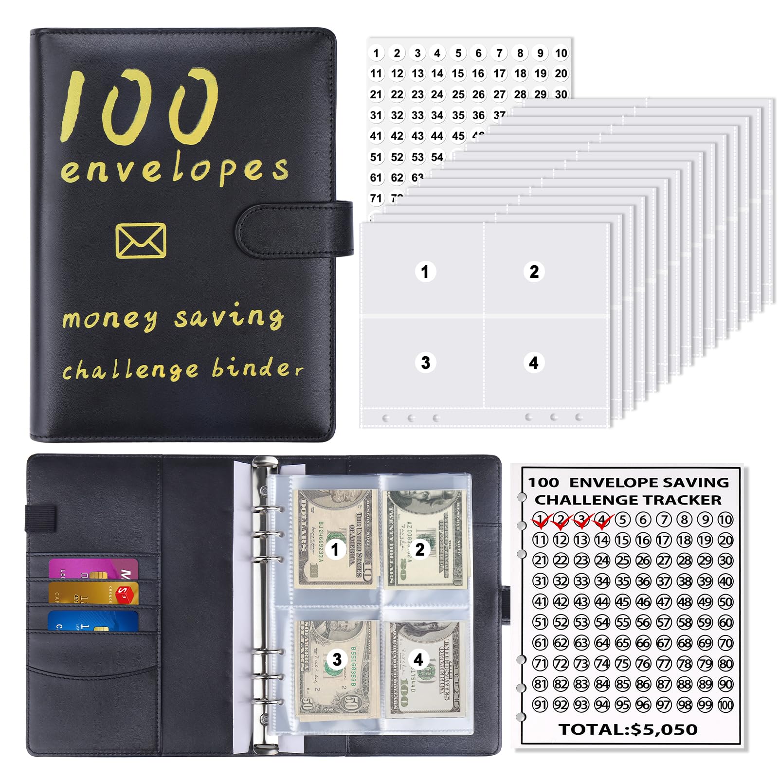 100 Envelopes Money Saving Challenge Kit - Cash Budgeting Binder with Storage Pouches for Emergency Savings & Family Budget Planning | Black Budget Book for Financial Goals & Money Management