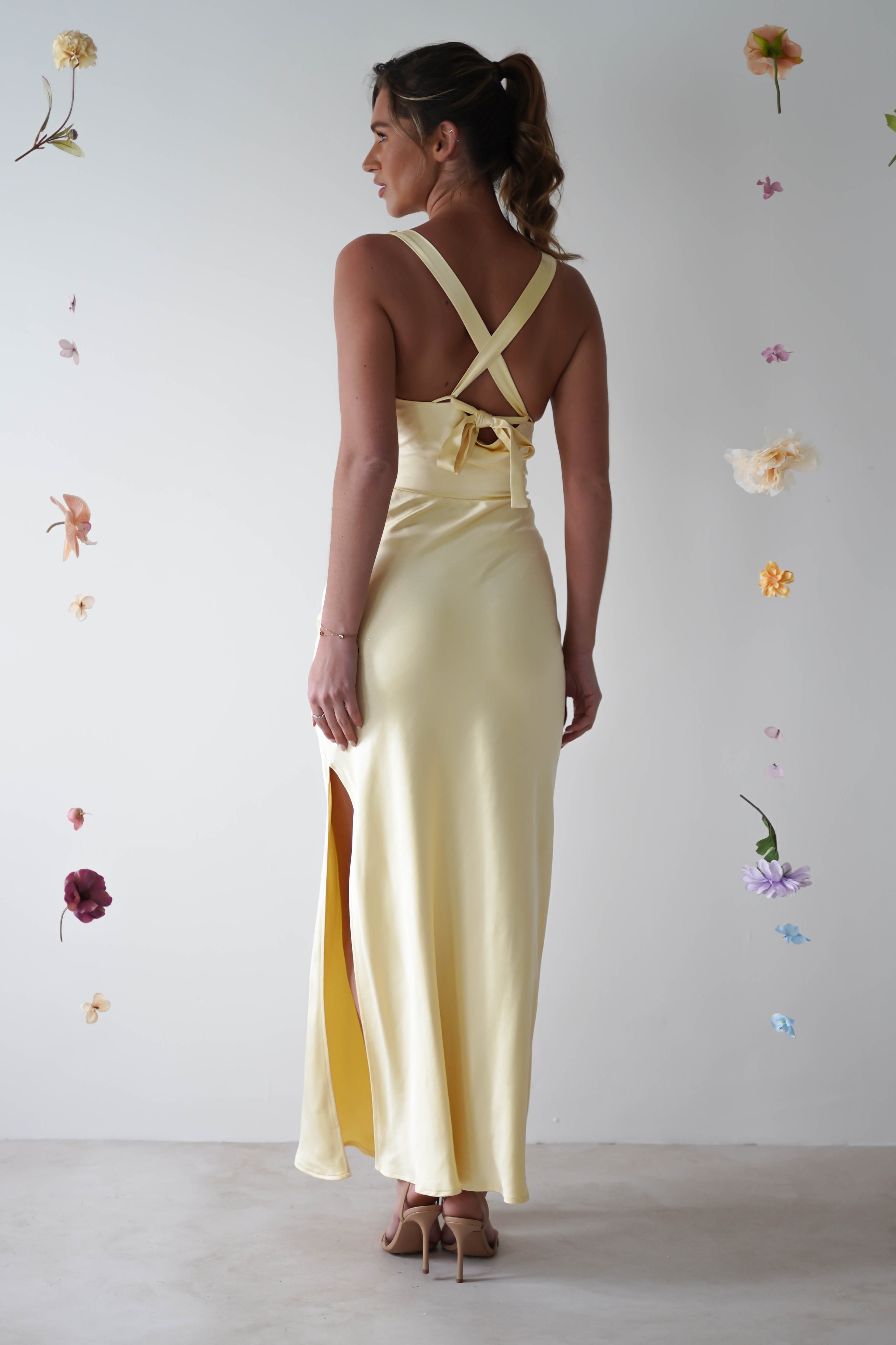 Misha Soft Satin Maxi Dress - Elegant Long Yellow Evening Gown for Women | Perfect for Weddings, Parties & Special Occasions