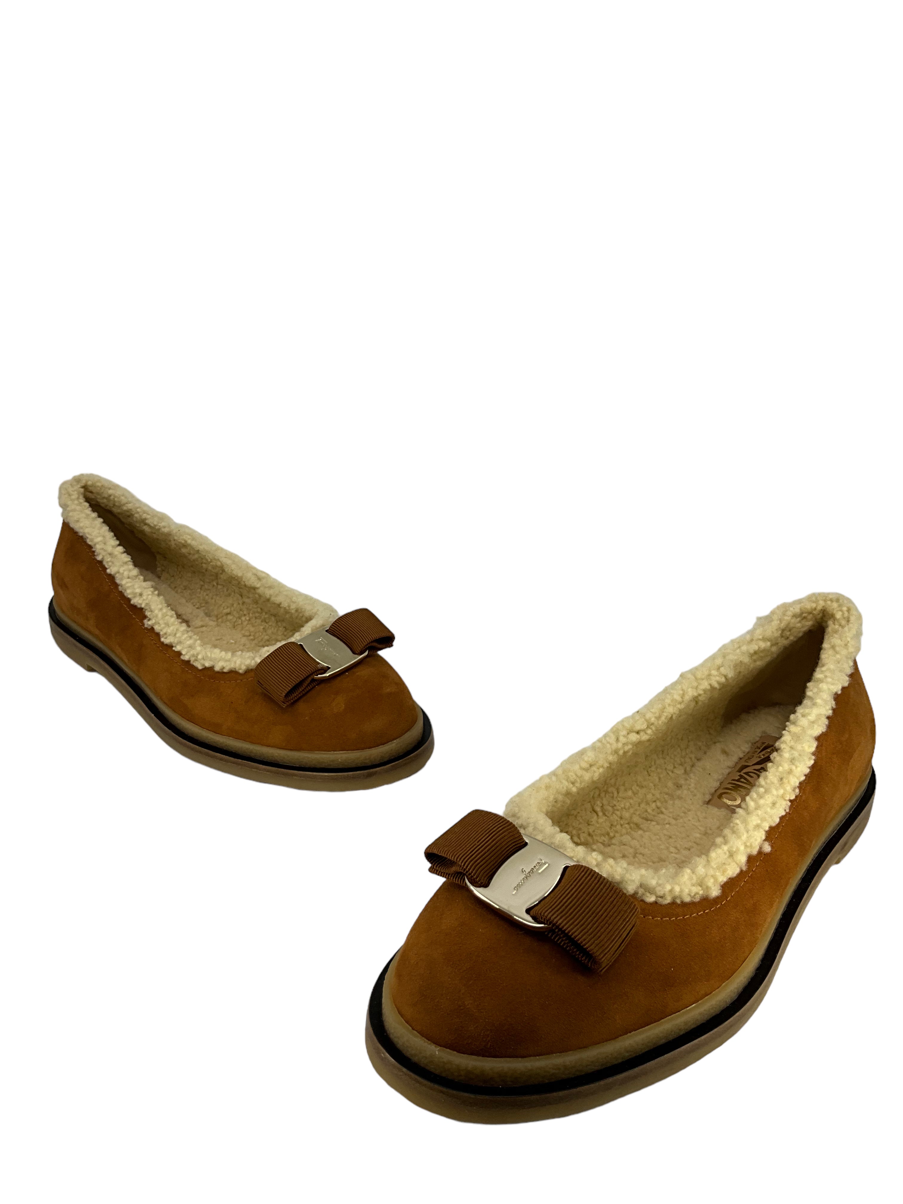 Salvatore Ferragamo Varina Suede Shearling Ballerina Flats - Women's Brown Size 7.5 | Comfortable Winter Shoes for Work & Casual Outfits