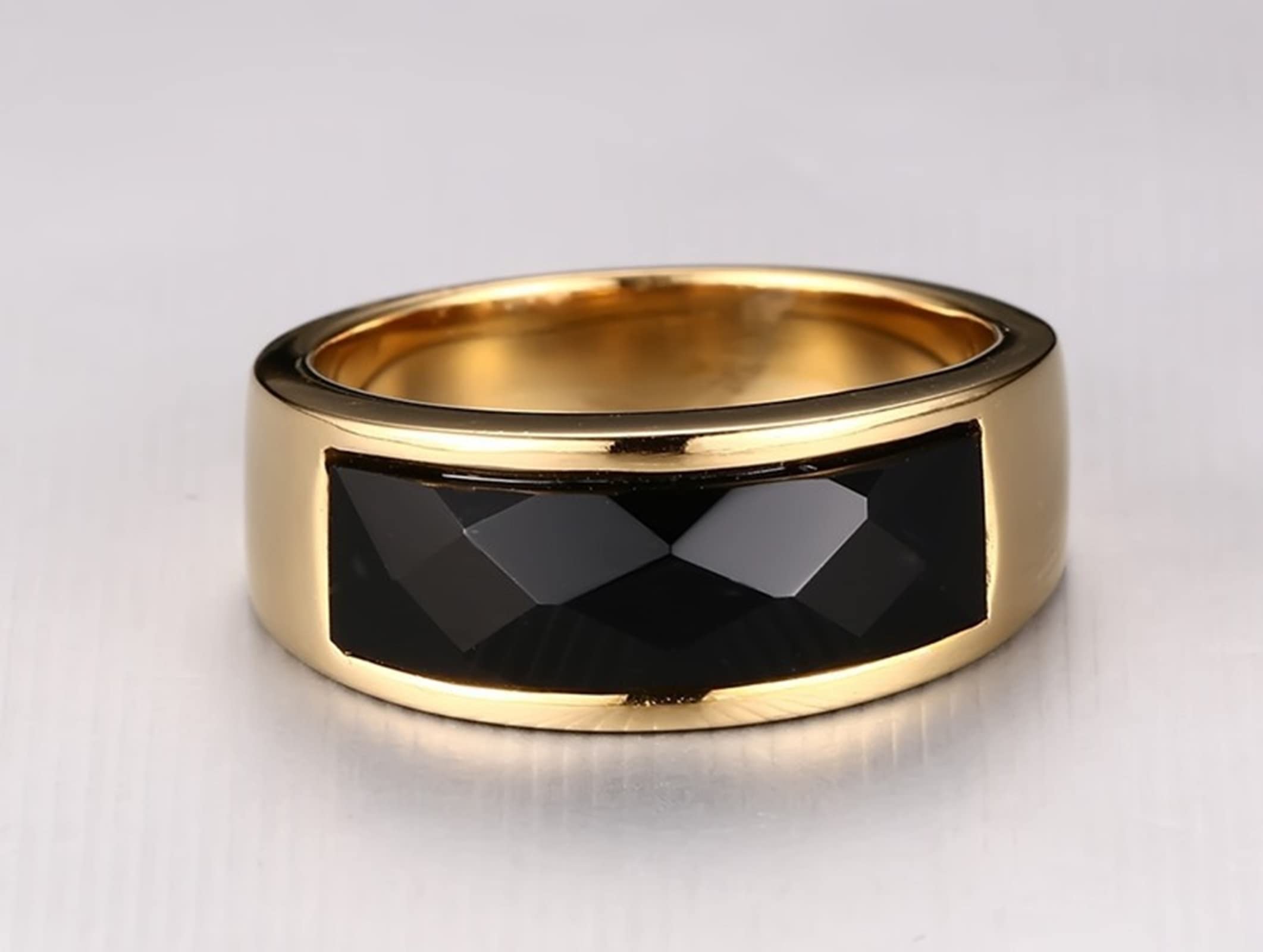 Promise Rings for Couples - Gold & Black Stainless Steel Men's Wedding Band with Black Onyx - Durable Engagement Ring for Him - Perfect for Anniversaries, Proposals & Romantic Gifts