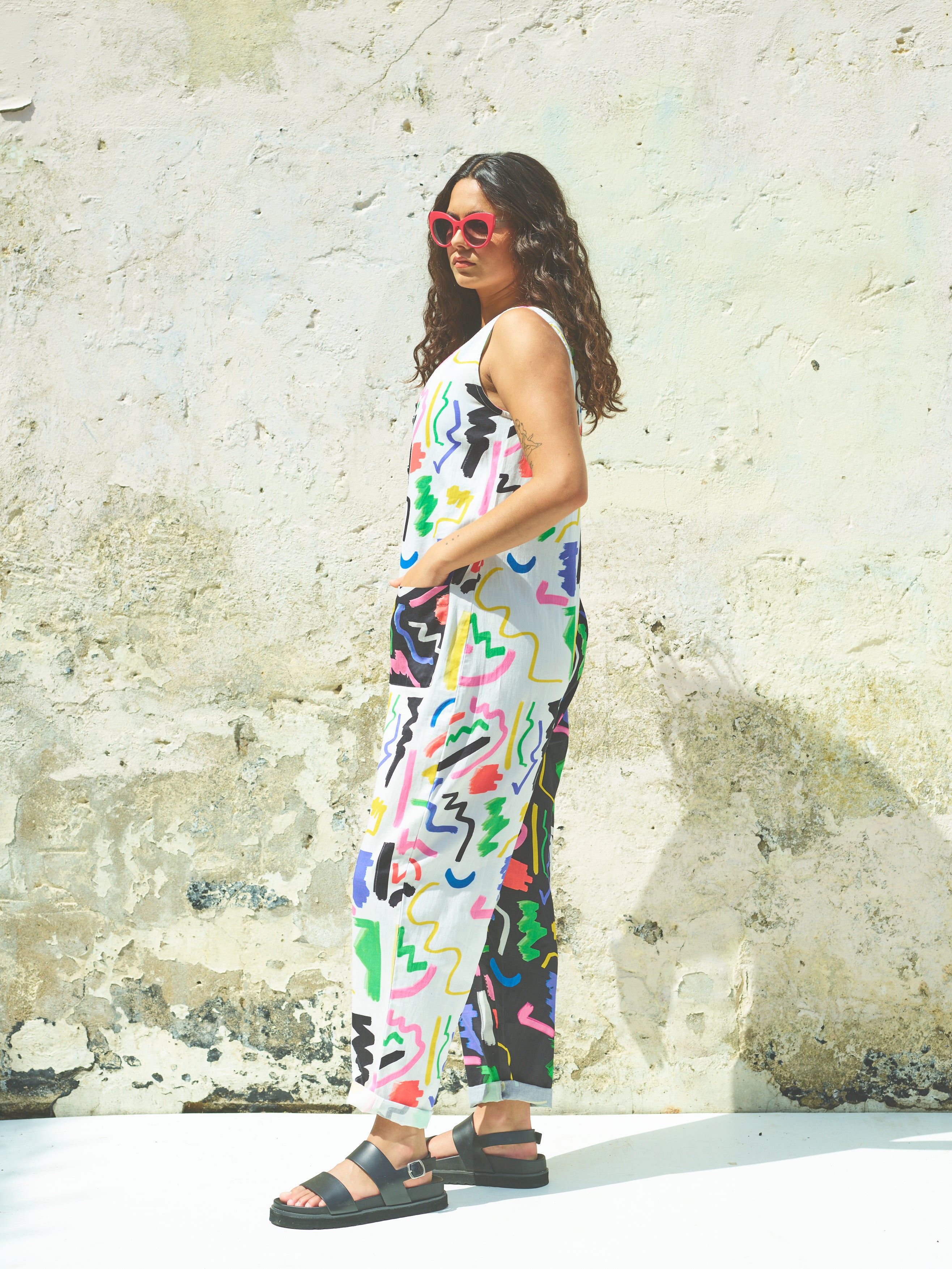 Miss Pompom Black & White Scribble Sunny Days Jumpsuit - Stylish Women's Romper for Summer Outings, Beach Vacations & Casual Wear