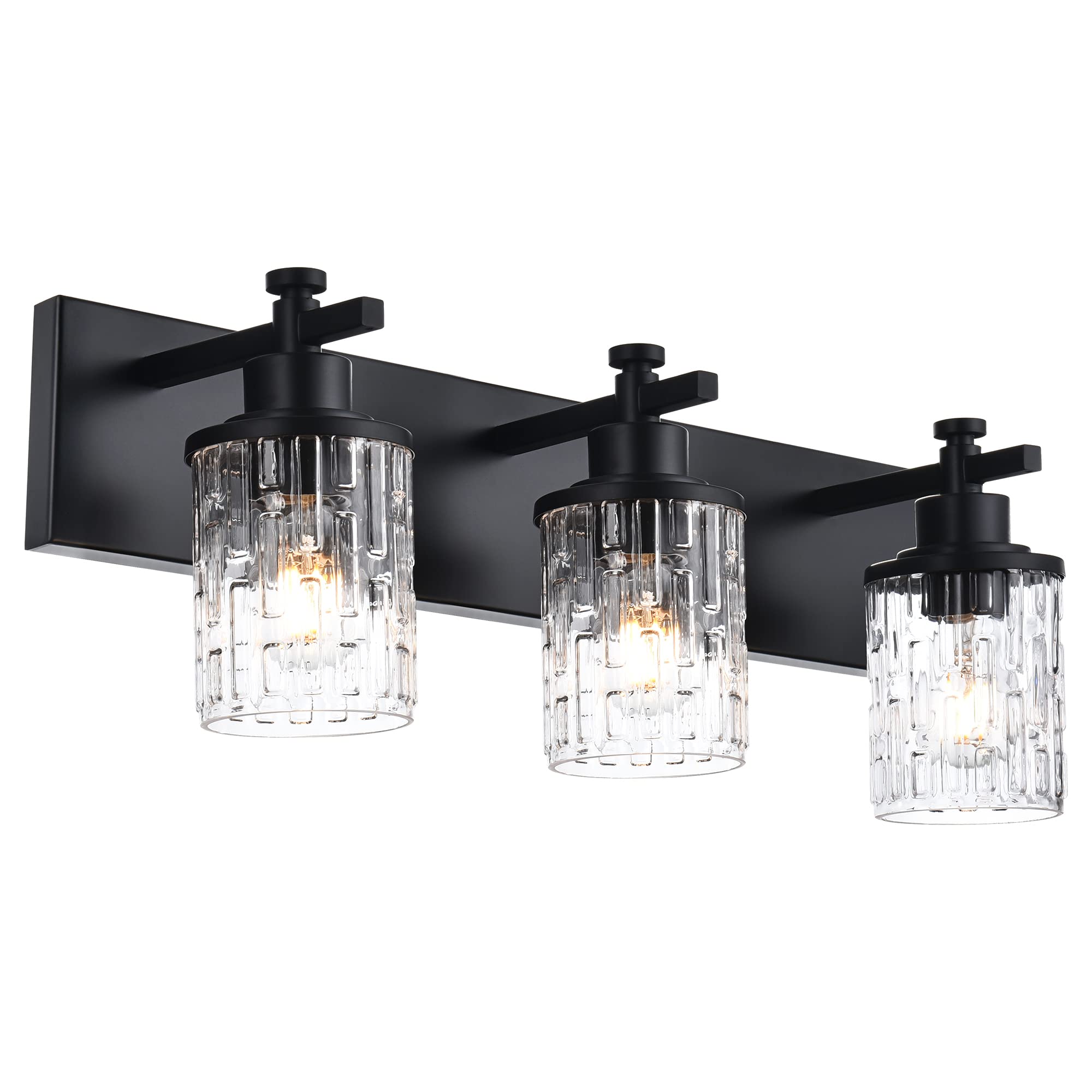 MELUCEE 3-Light Matte Black Bathroom Vanity Light Fixture - Modern Wall Sconce with Clear Grid Glass Shades for Mirror Lighting | Perfect for Bathroom, Powder Room, and Dressing Room Makeup Area