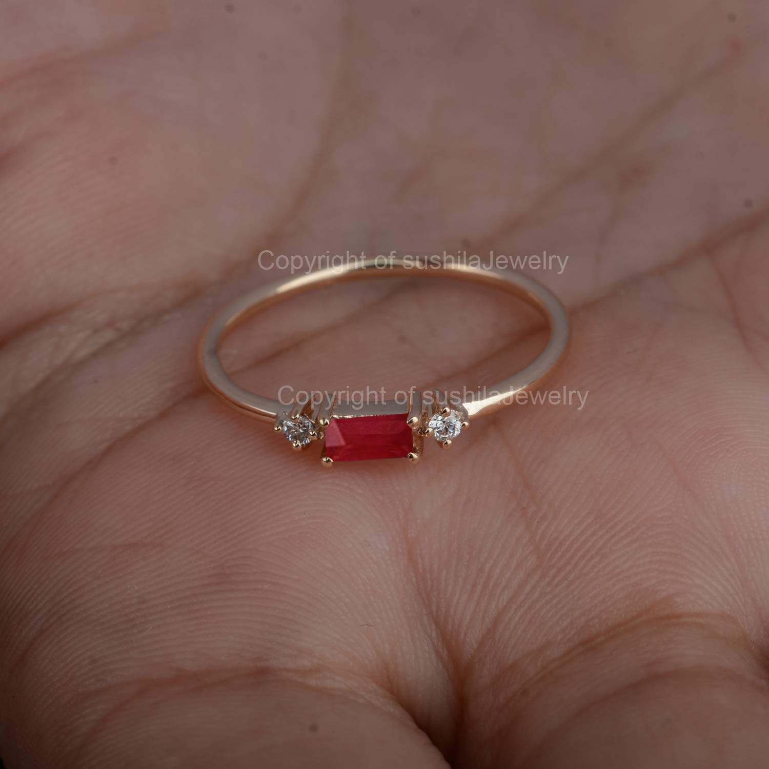 14K Solid Gold Natural Ruby Gemstone Baguette Ring - Elegant Wedding Band for Women, Minimalist Diamond Engagement Ring, Dainty Stackable Jewelry | Perfect for Anniversaries, Proposals & Everyday Wear