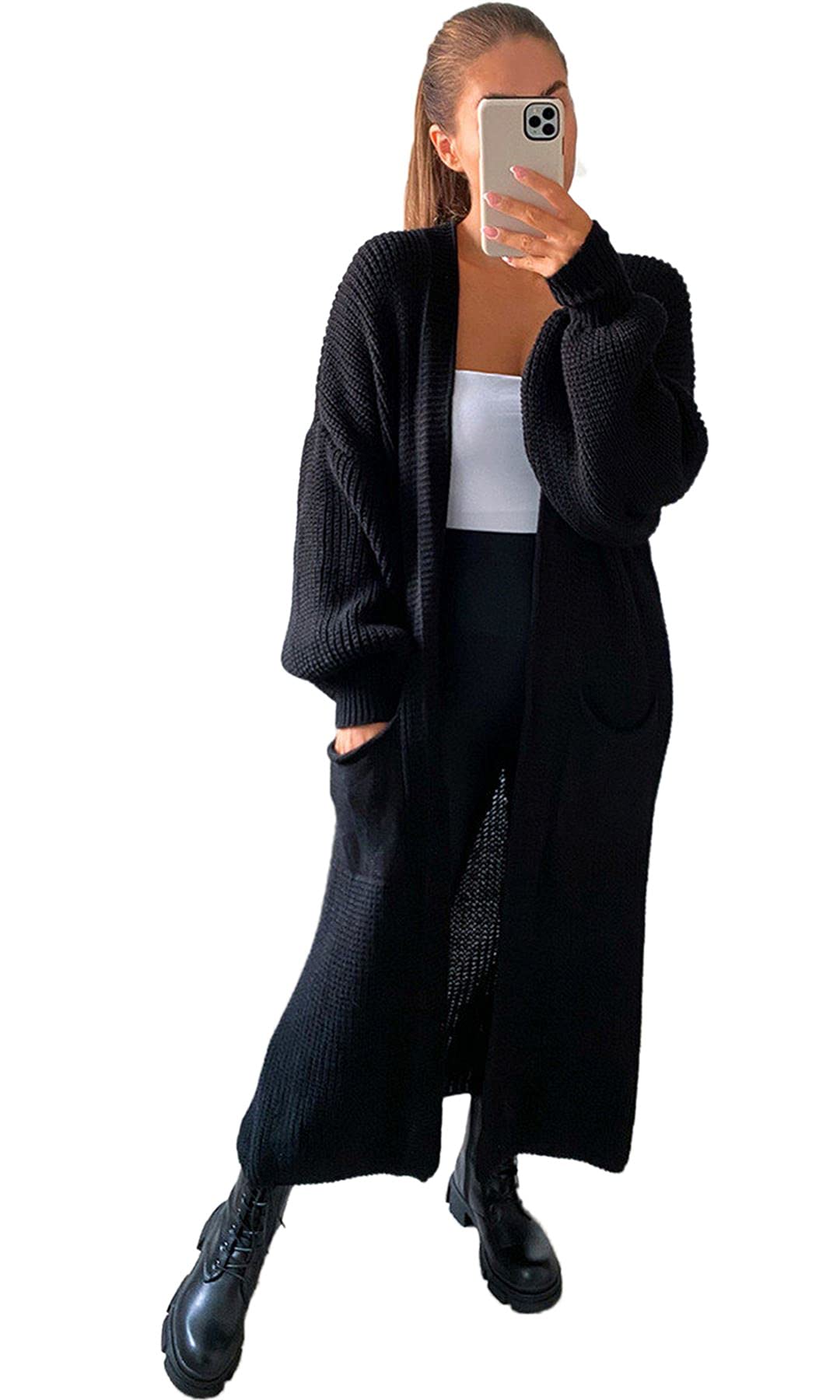 Women's Knitted Open Front Slouchy Balloon Sleeve Long Cardigan | Basic Puff Sleeve Boyfriend Sweater Coatigan | UK Size 8-14 | Perfect for Casual Outings & Cozy Evenings