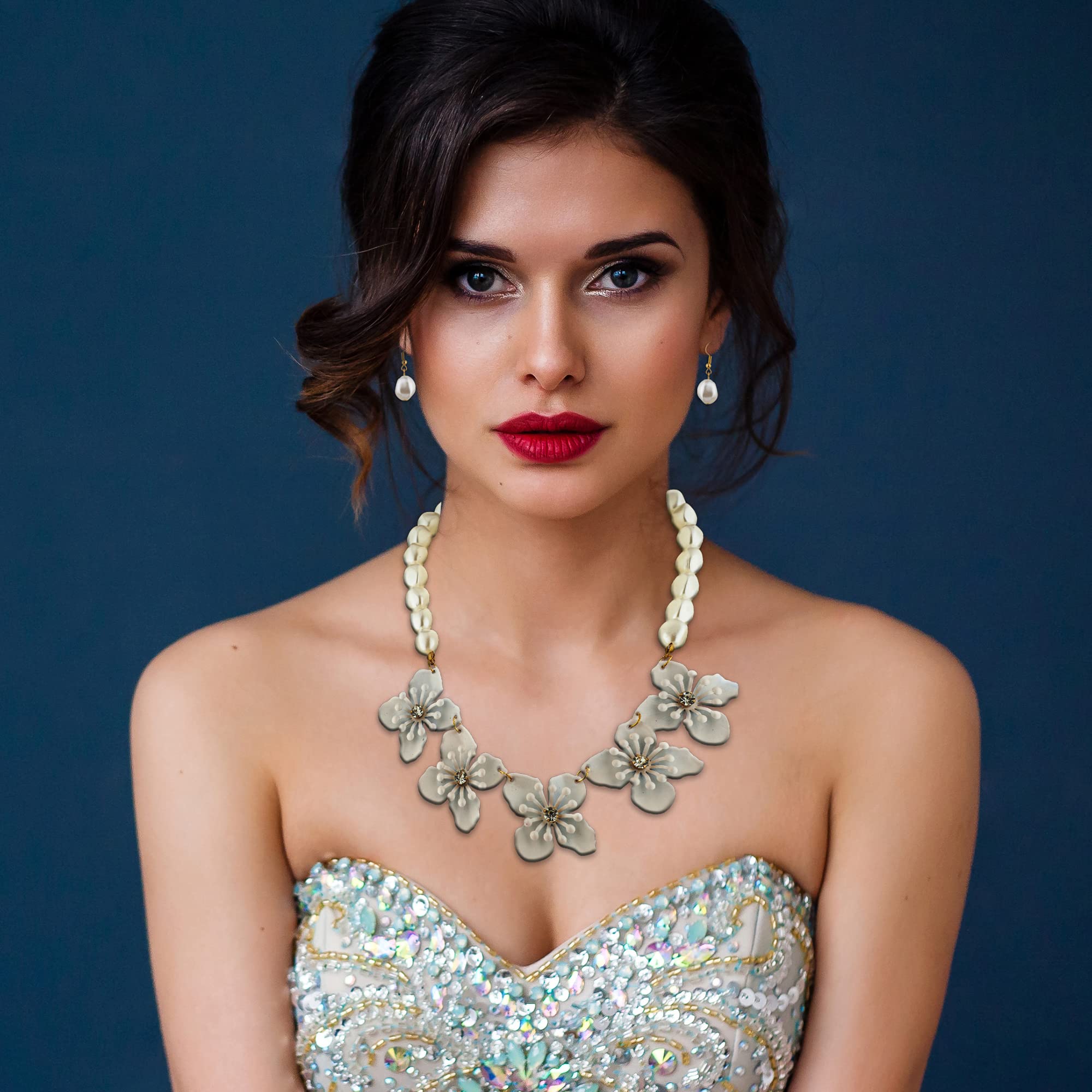 Nicole Miller Pearl Beaded Necklace & Earrings Set - Elegant White Floral Jewelry for Parties & Weddings