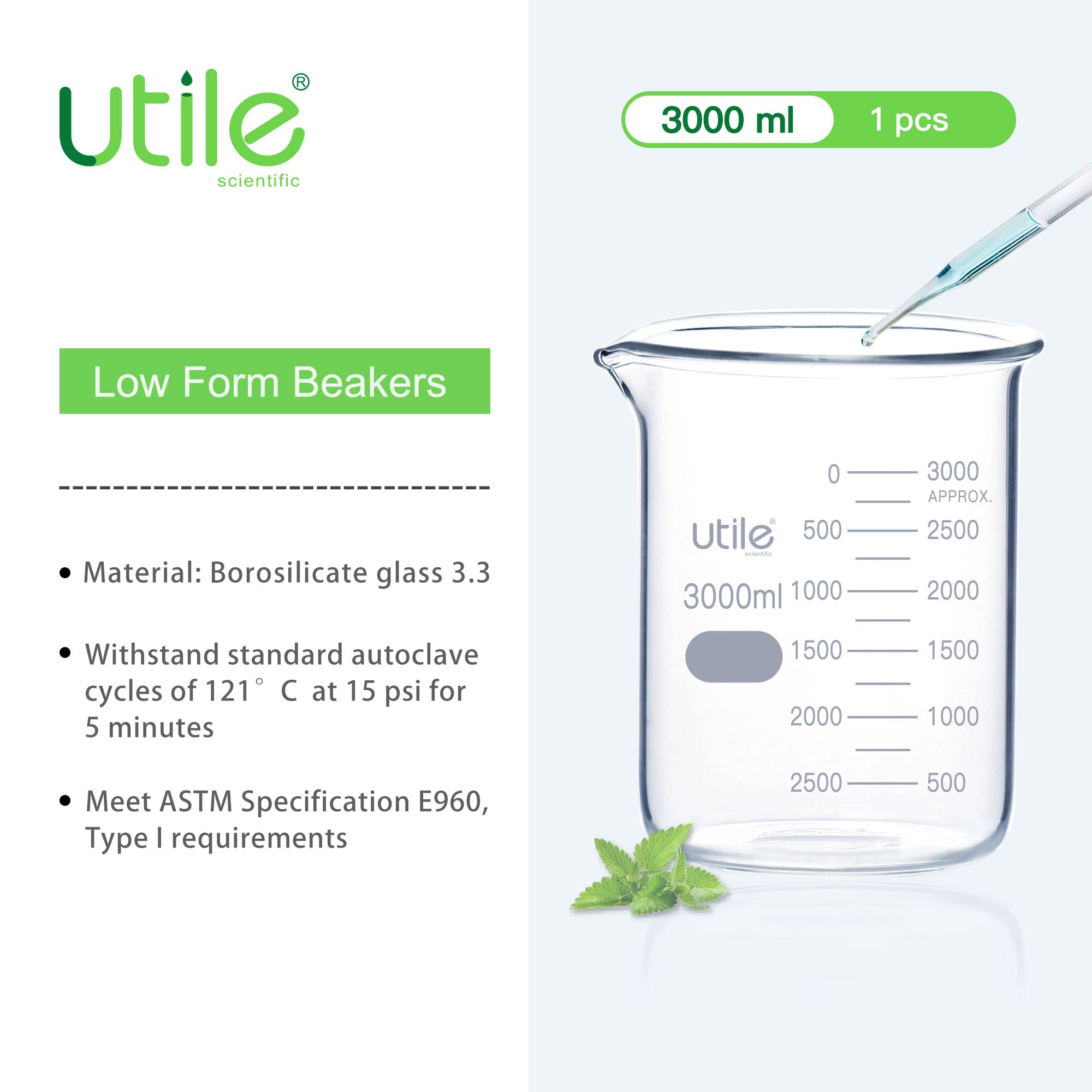 3000ml (101.45oz) Low Form Borosilicate 3.3 Glass Beaker with Printed Graduation - Lab Grade, Heat Resistant for Chemistry Experiments, Science Class & Home DIY Projects