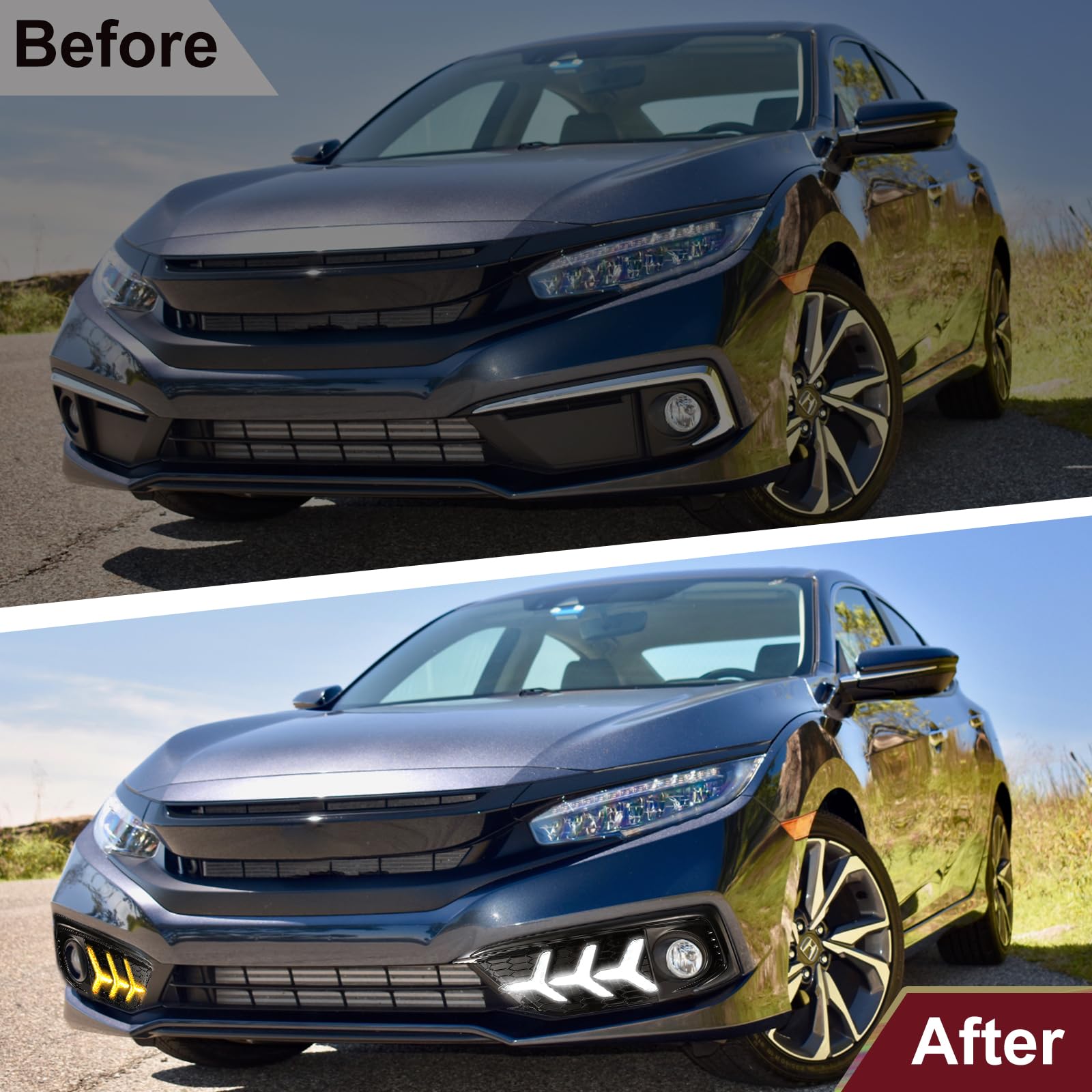 2019-2020 Honda Civic 10th Gen LED Fog Lights & DRL Daytime Running Lights - Compatible with Civic Sedan Coupe LX EX Models - Bright Turn Signal Lights & Car Accessories - Perfect for Night Driving & Enhanced Visibility
